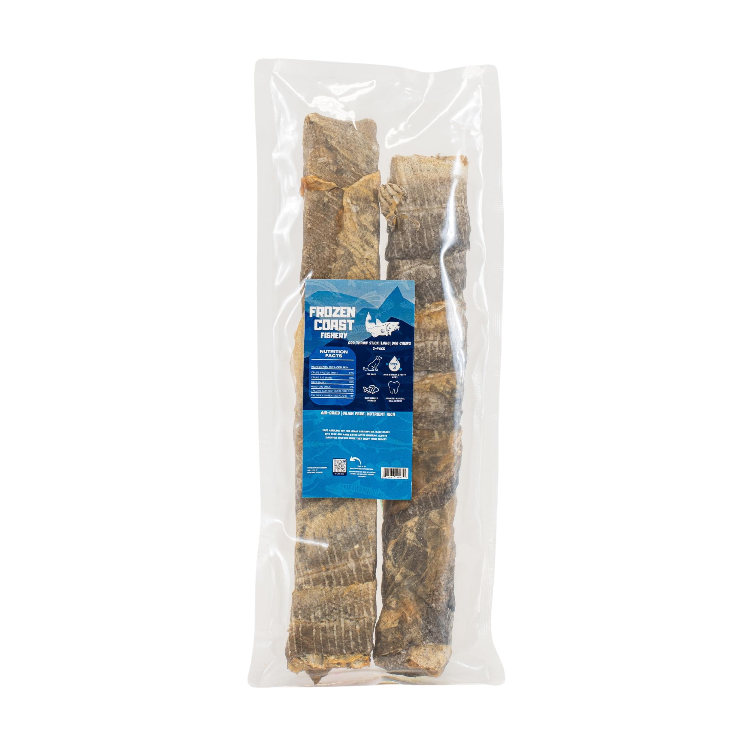 Frozen Coast Cod Throw Large Cod Skin Dog Chews, Wild-Caught, All-Natural-Air-Dried, High-Protein, Omega-3s, Grain-Free (2-Pack)