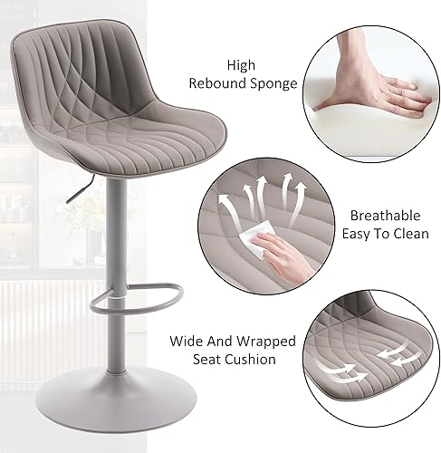 Miniatura 6 de YOUTASTE Juego de 2 taburetes de bar grises modernos tapizados de piel sintética, taburetes de bar ajustables giratorios con respaldo de metal,