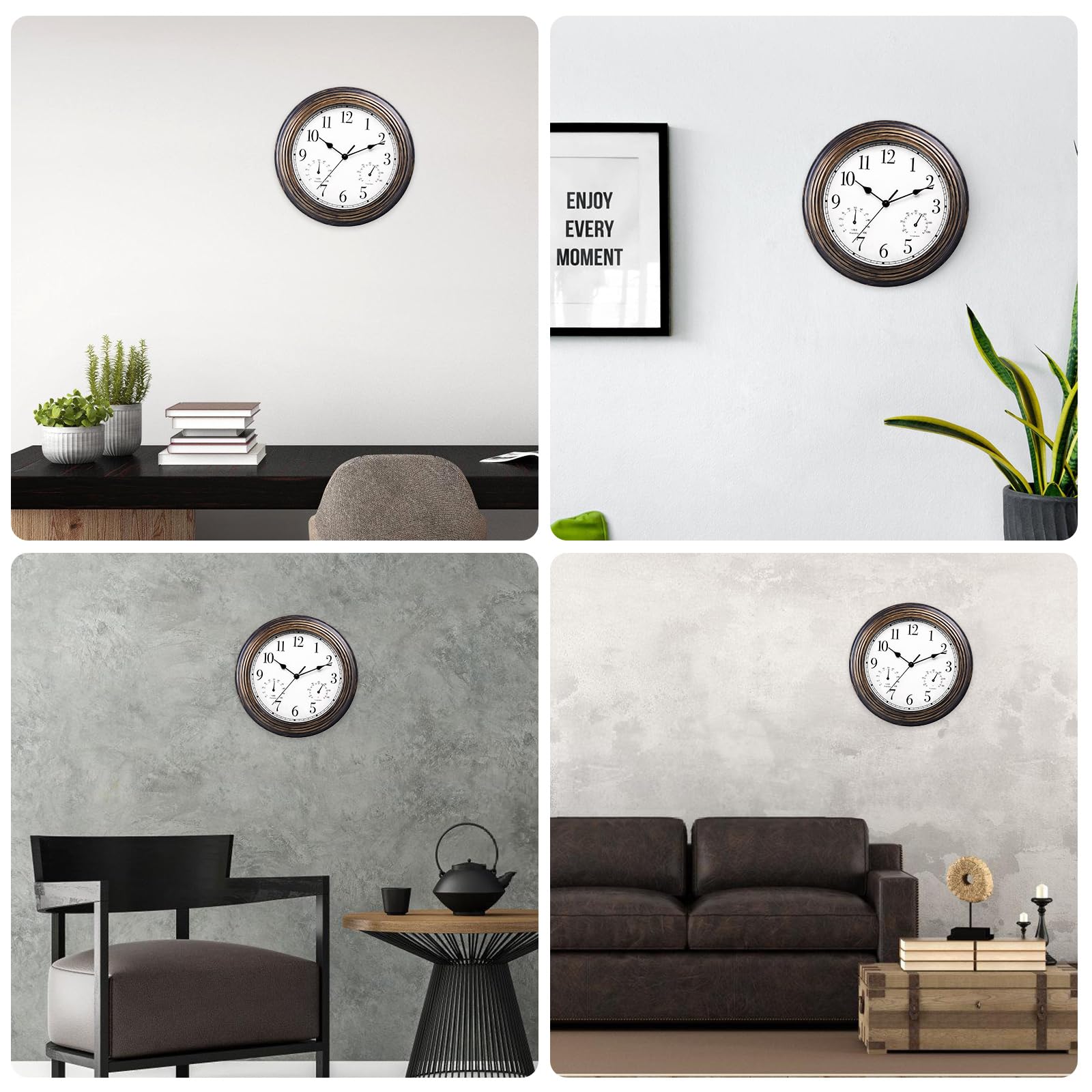 BORDEAG 12 Zoll Außenwanduhr mit Temperatur & Feuchtigkeit, wasserdichte Außenuhren mit Thermometer Hygrometer - Lautlose Wanduhr für Garten Balkon Küche Schlafzimmer (30cm Schwarz)