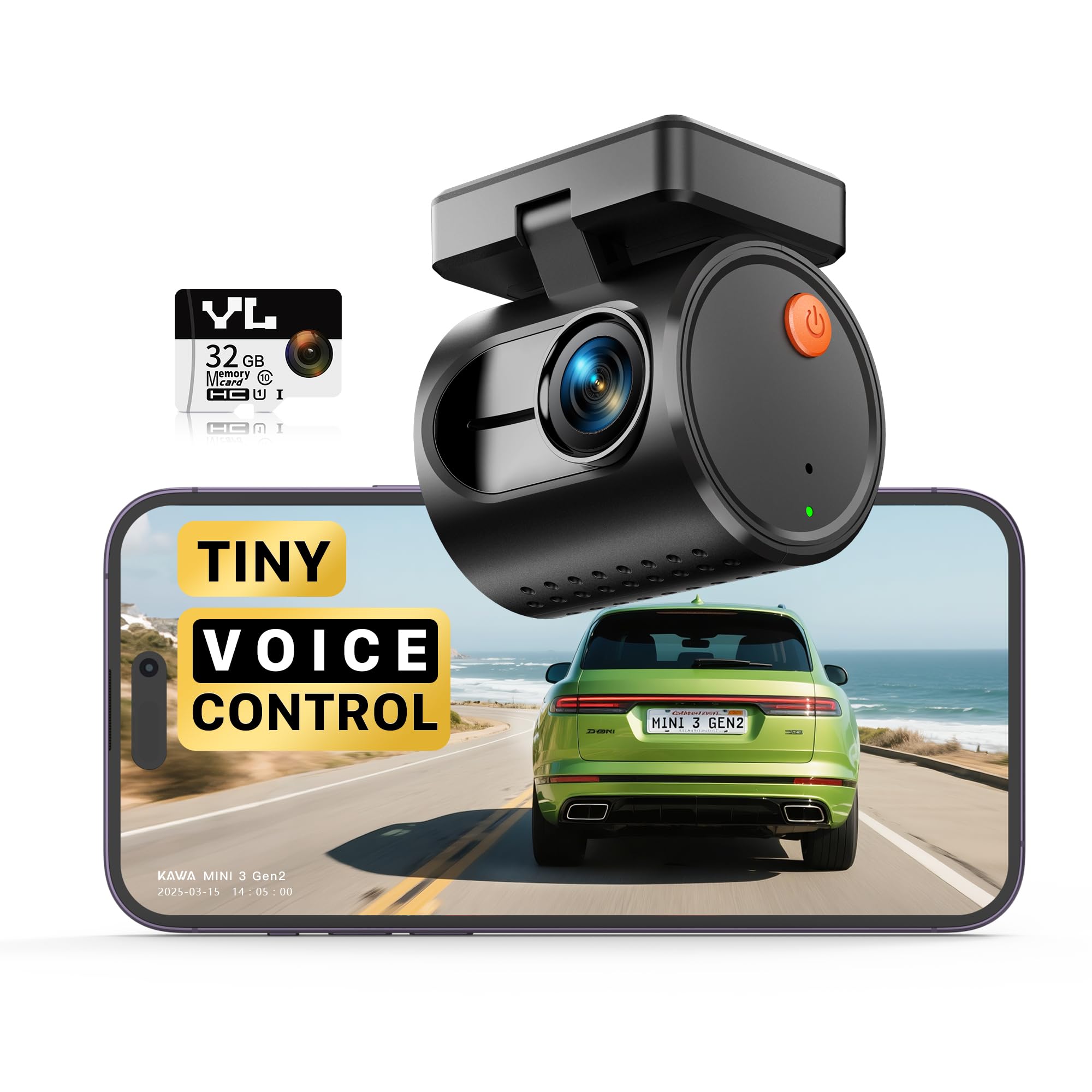 KAWA 2K Tiny Dash Cam, 1296P QHD Mini Car Camera DashCam - Voice Control, G -Sensor, Free 32GB TF Card, Built-in WiFi, APP Control, WDR/3D DNR with Super Night Vision, 24H Parking Mode