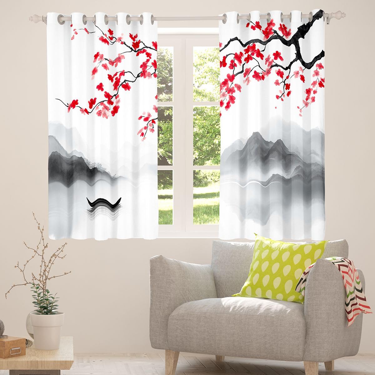 Homewish Japanisch Vorhänge 245x140(HxB) Kirschblüte Fenstervorhang Retro Asiatischer Anime Berg Gardienen Naturlandschaft Ästhetik Türvorhang Blickdicht Schlafzimmer 2 Paneele
