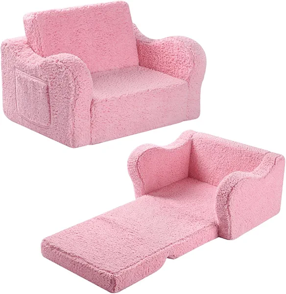 MOMCAYWEX Kids Chairs for Toddler, 2-in-1 Toddler Soft Sherpa Couch Fold Out, Convertible Sofa to Lounger for Girls and Boys, Pink