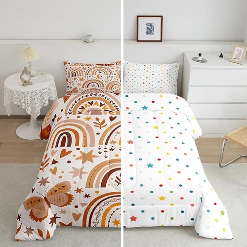 Miniatura 2 de Juego de ropa de cama individual con diseño de arcoíris y mariposa para niñas, juego de edredón bohemio con estrellas y luna, edredón bohemio con