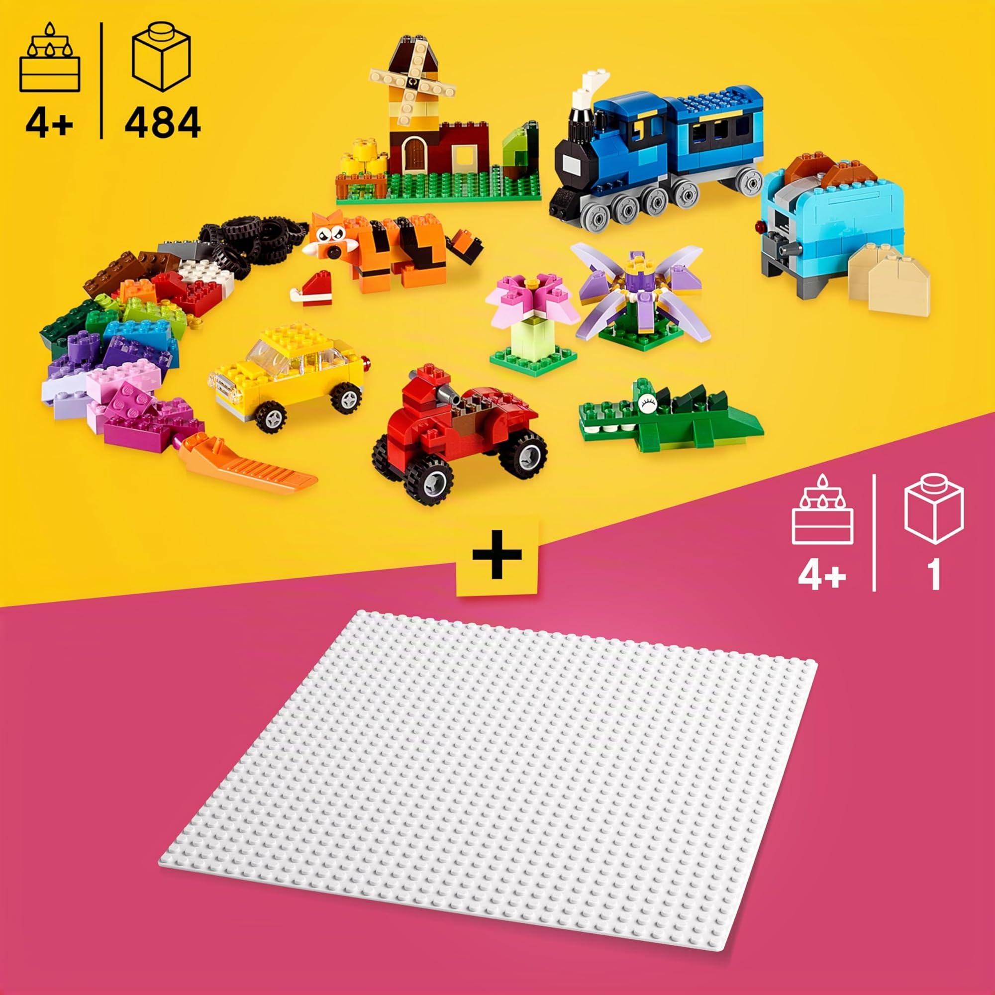 LEGO Classic Scatola mattoncini creativi media + Base bianco (10696 + 11026), Set combinato con scatola portaoggetti e piastra di base