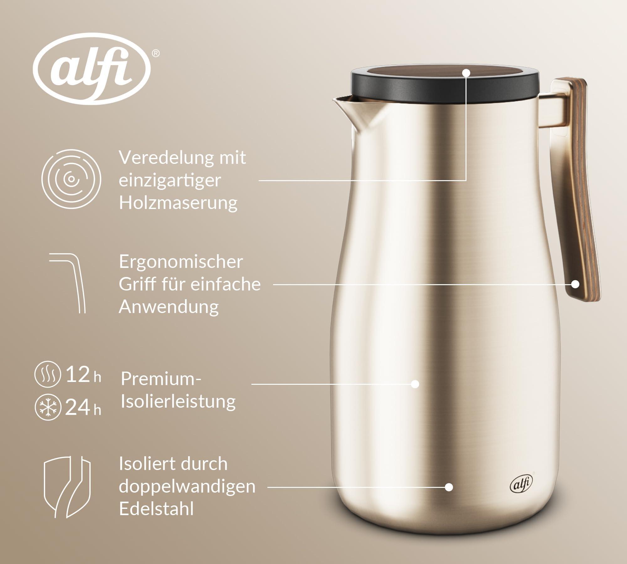alfi STUDIO ALLURE Isolierkanne 1,00 l, 12 h heiß, Edelstahl, champagner | 24 h kalt, Thermoskanne für Kaffee & Tee, doppelwandig aus Edelstahl, Drehverschluss, große Öffnung, spülmaschinenfest