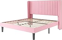 Vista 9 de SHA CERLIN Base de cama de terciopelo de tamaño matrimonial con cabecera capitoné de canal vertical, plataforma tapizada con listones de madera,