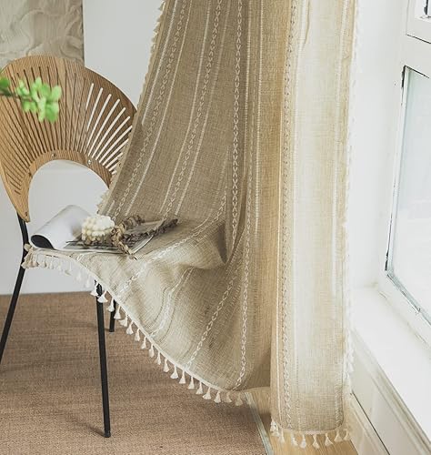 Miniatura 8 de Sutuo Home Cortina bohemia para dormitorio, sala de estar, 84 pulgadas de largo, filtrante de luz, estilo campestre francés, con borlas elegantes,