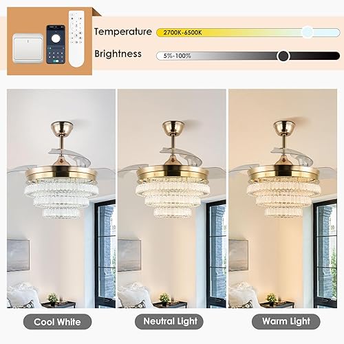 Miniatura 5 de FRIXCHUR Ventilador de techo de cristal dorado de 42 pulgadas con luces regulables, lámpara retráctil de cristal para dormitorio, comedor, 6