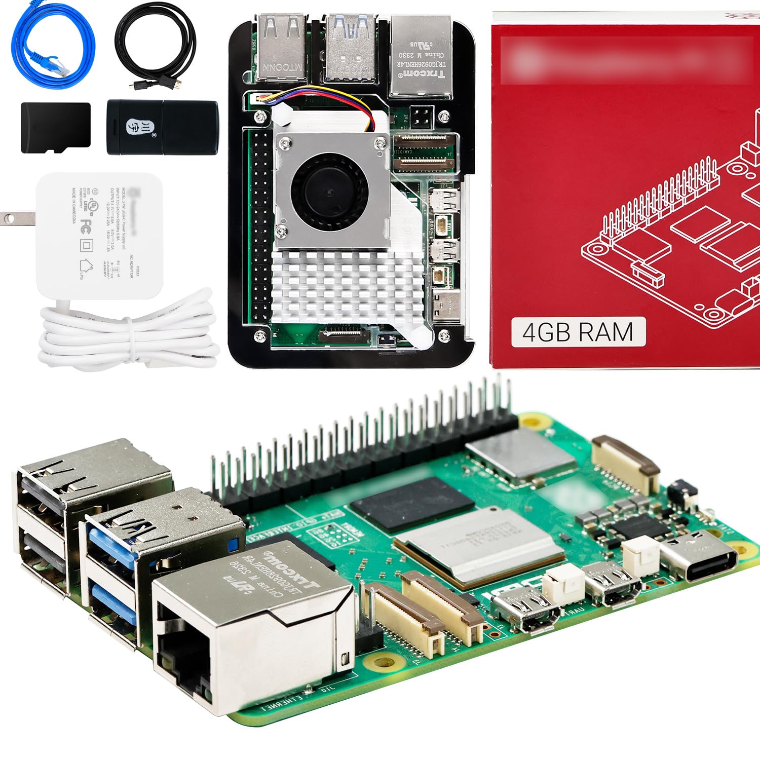 Yahboom Pi 5 4GB Starter Kit with Active Cooler,27W 5.1V5A USB-C Power Supply,Pi5 8GB Board,64GB Card Readers Kit,Raspberry Case (Pi5 4GB, Official Cooler Kit)
