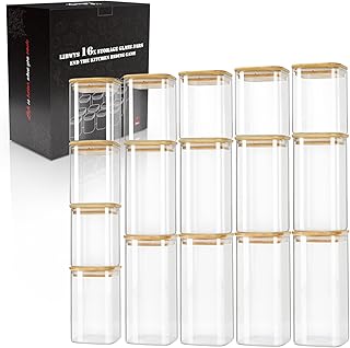 LIBWYS 16-Pack Square Glass Storage Jars with Bamboo Lids (0.6Qt/1.06Qt) - Stackable Food Containers for Pantry Organization, Coffee, Flour, Snacks, Tea | Kitchen Canisters Set
