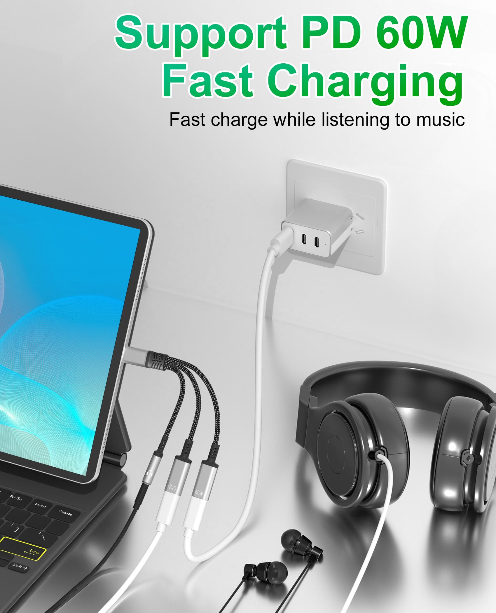 Adattatore USB C Splitter 1 in 3 Out USBC per cuffie con ricarica e dati da 60 W, da USB-C a cuffie da 3,5 mm e doppio splitter di tipo C, supporta ricarica rapida PD, dati, musica, chiamate per