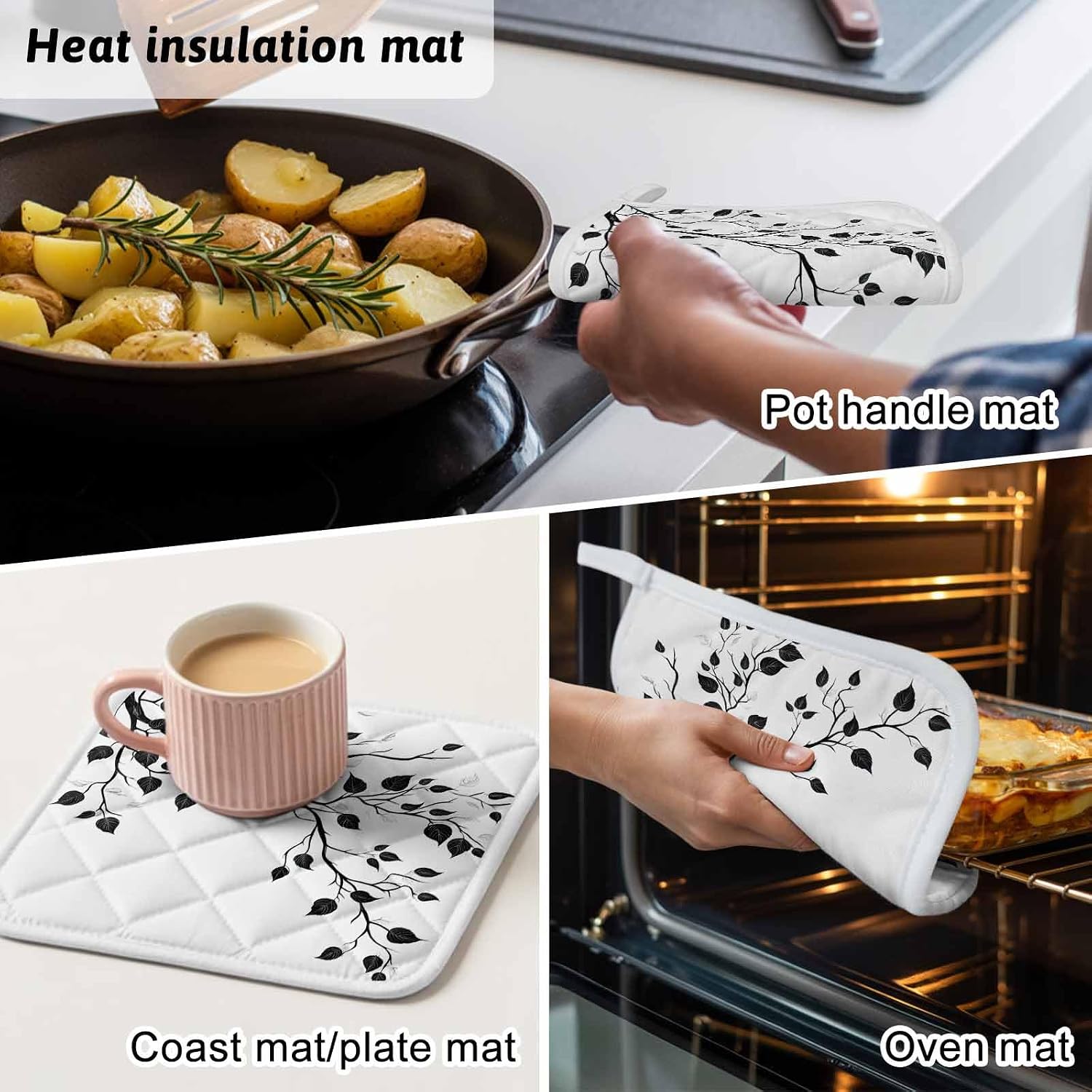 Pot Holder Set of 5 Abstract Branches Leaves Potholder Heat Proof Non Slip Pot Holders, Black White Artwork Hot Pads Potholders for Kitchen Cooking Baking BBQ