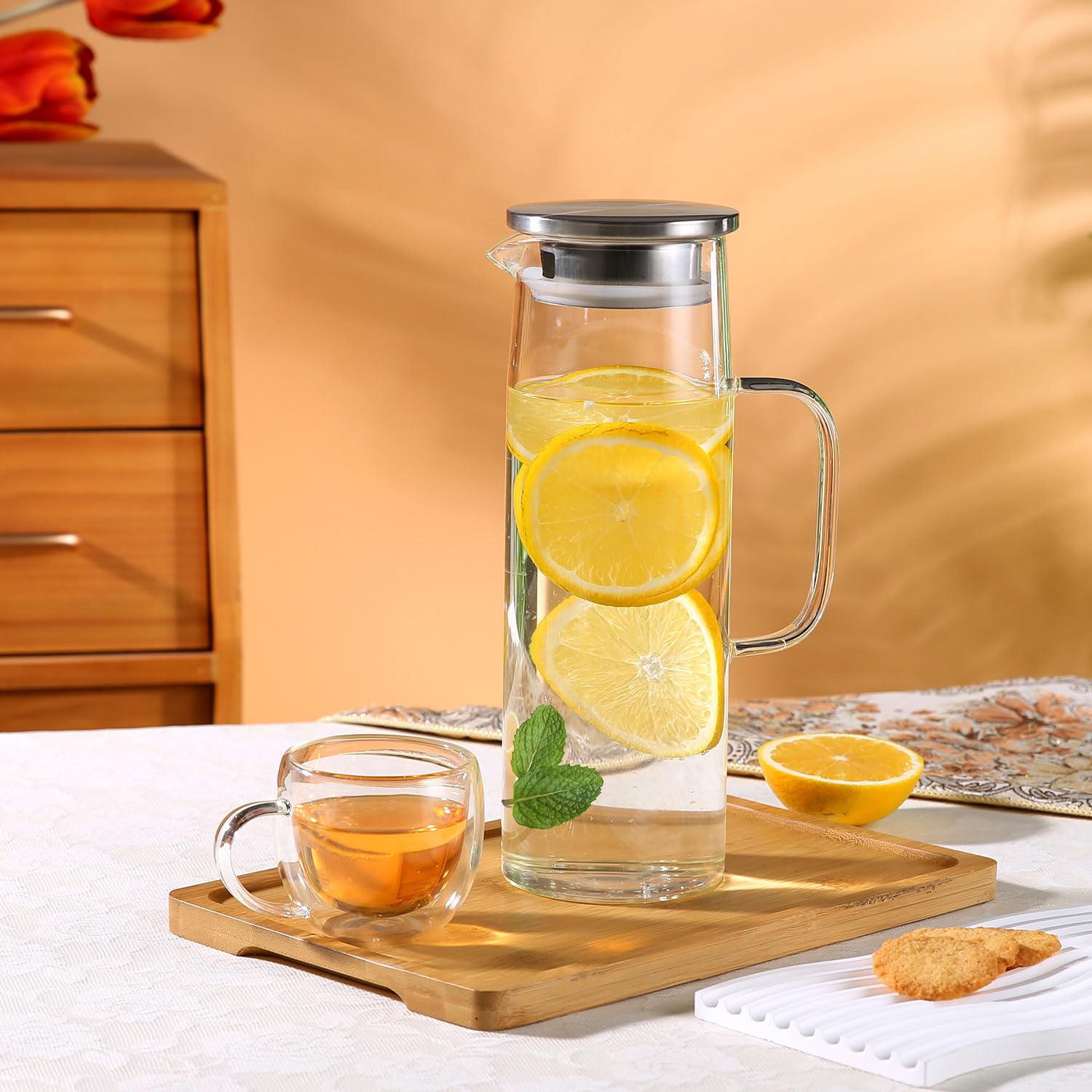 Jarra de vidrio resistente al calor con tapa y boquilla, jarra de té helado de vidrio para nevera, jarra de agua de vidrio y jarra de 1500 ml