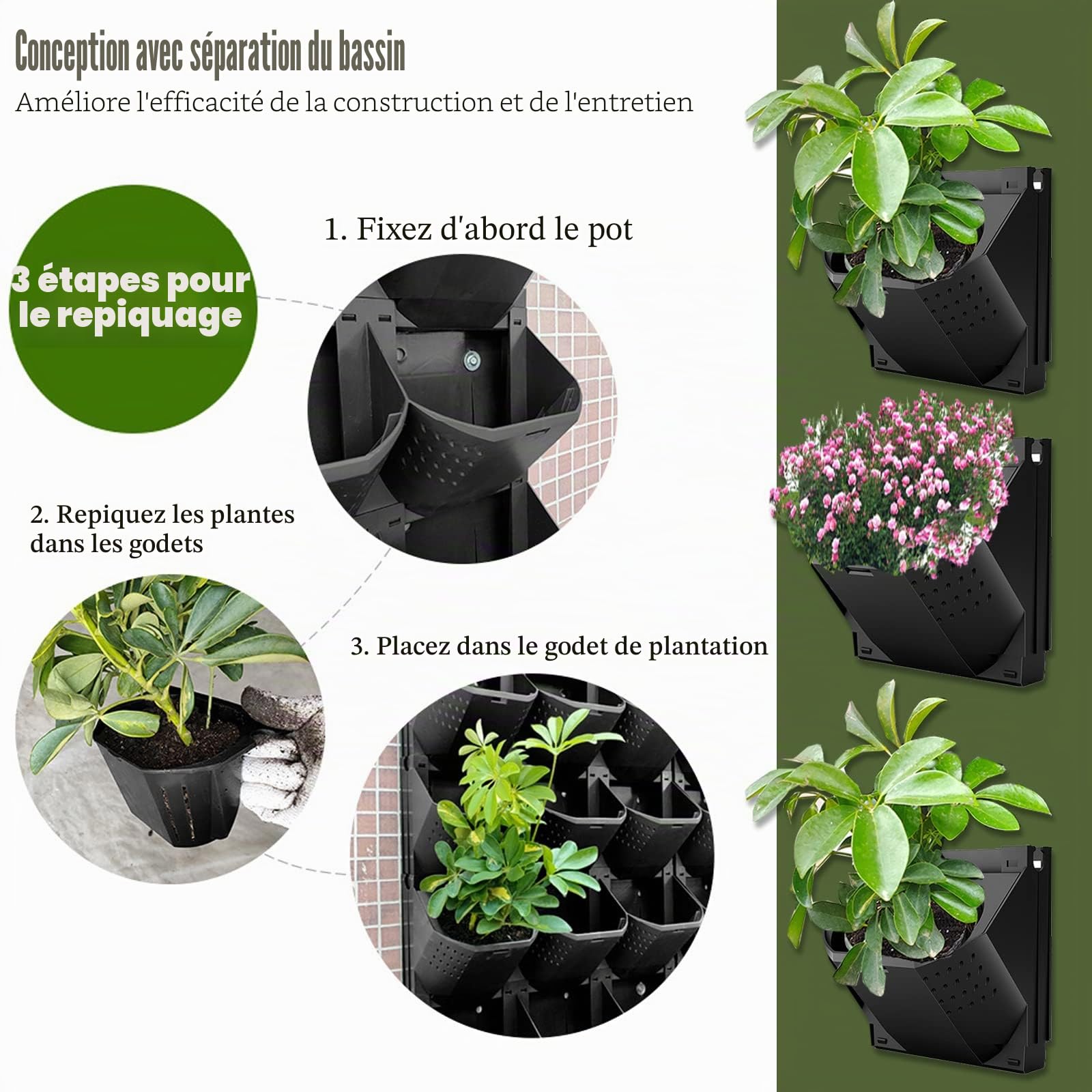 TWSOUL Plante murale verticale suspendue - 36 poches - Plante murale auto-arrosante - Empilable - Pour balcon de jardin, décoration extérieure (noir)