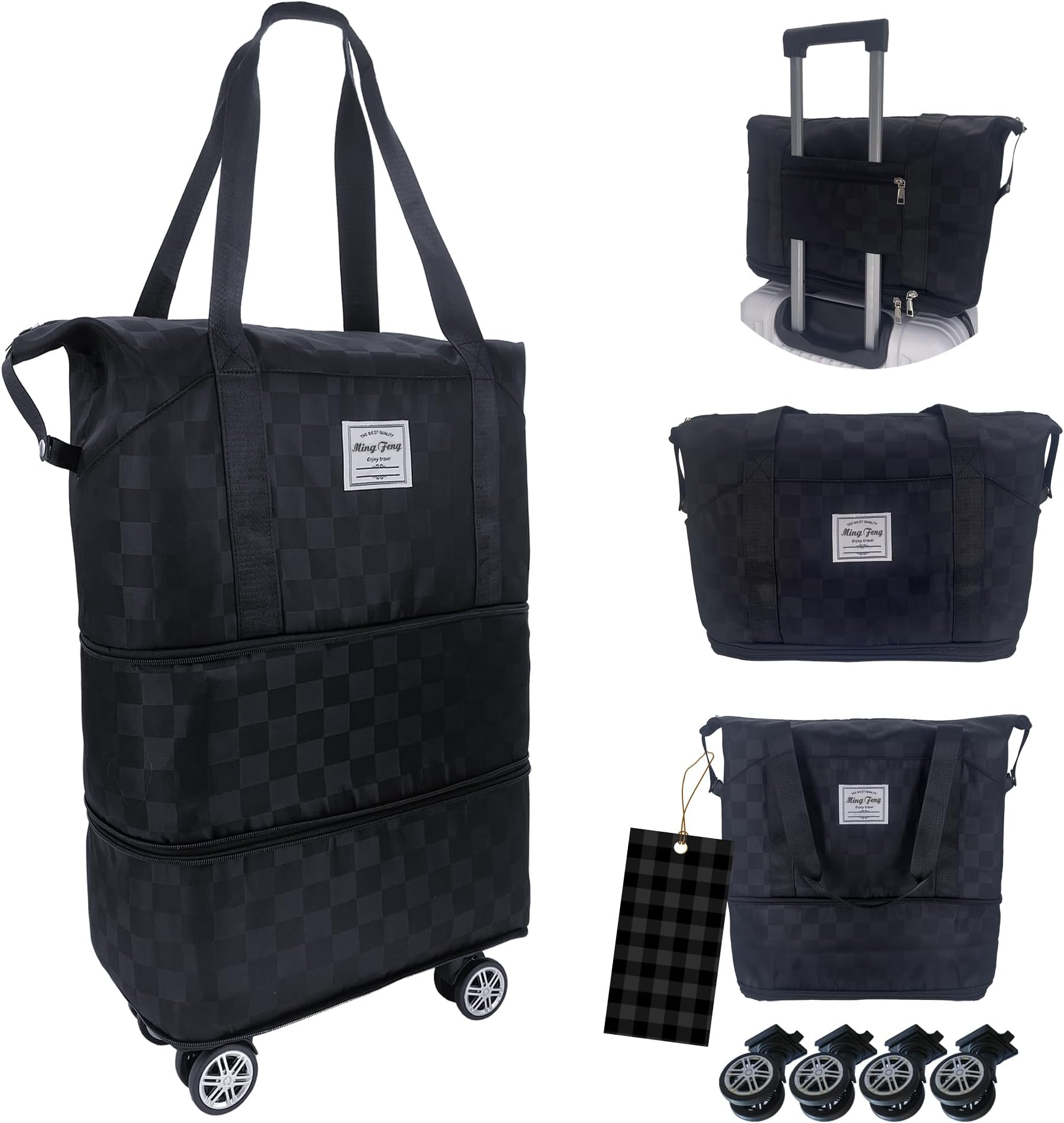 Expandable foldable duffel bag suitcase, detachable rolling wheels,carry-on large duffel bag,luggage bag,suit gym,camping,travel or business trip,Gift for wife and parents-Checkerboard(BLACK)