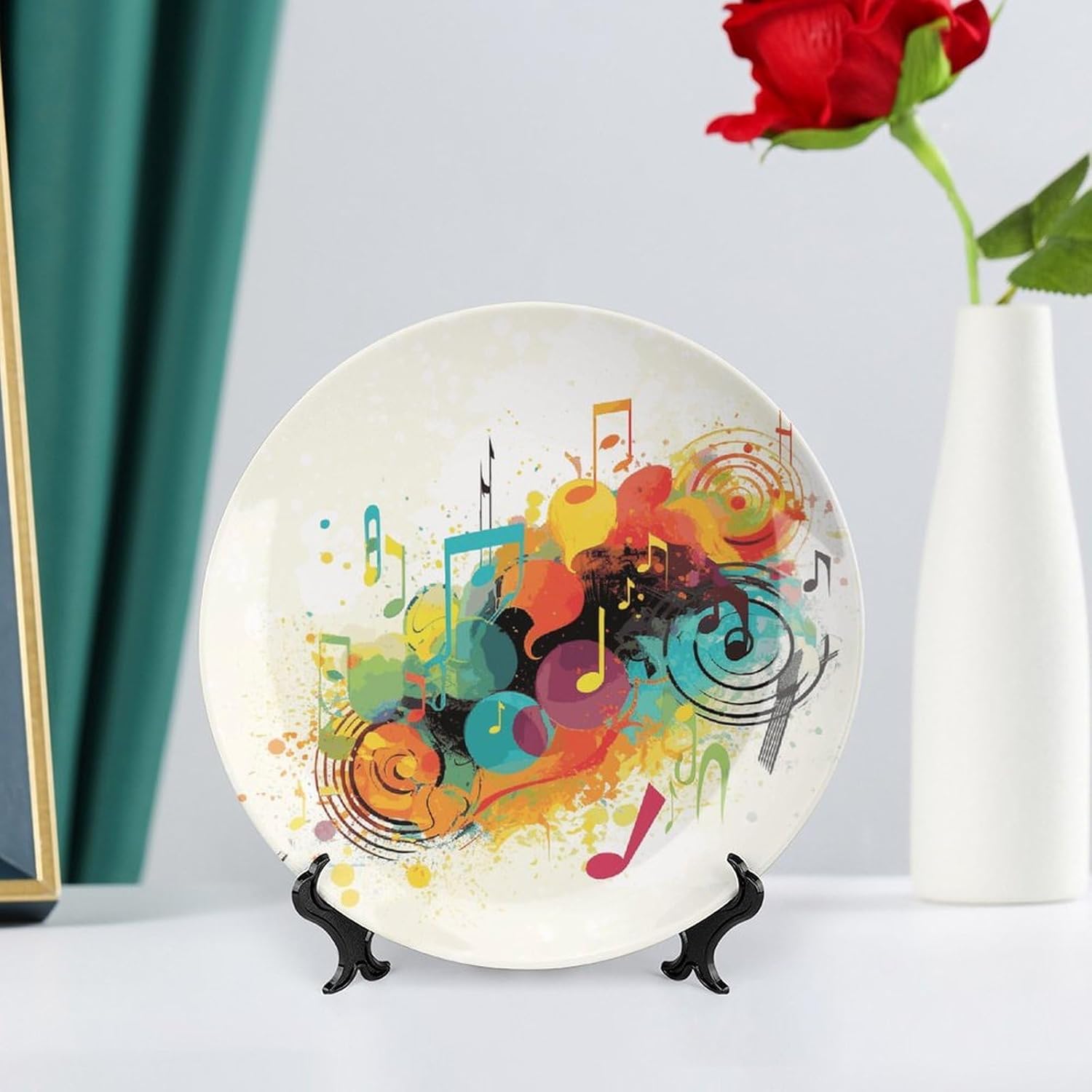 Abstract Music Themed Bone China Decorative Plate with Display Stand, Ceramic Ornaments Plate for Wall Hanging, Personalized Porcelain Plates for Office, Living Room 8inch