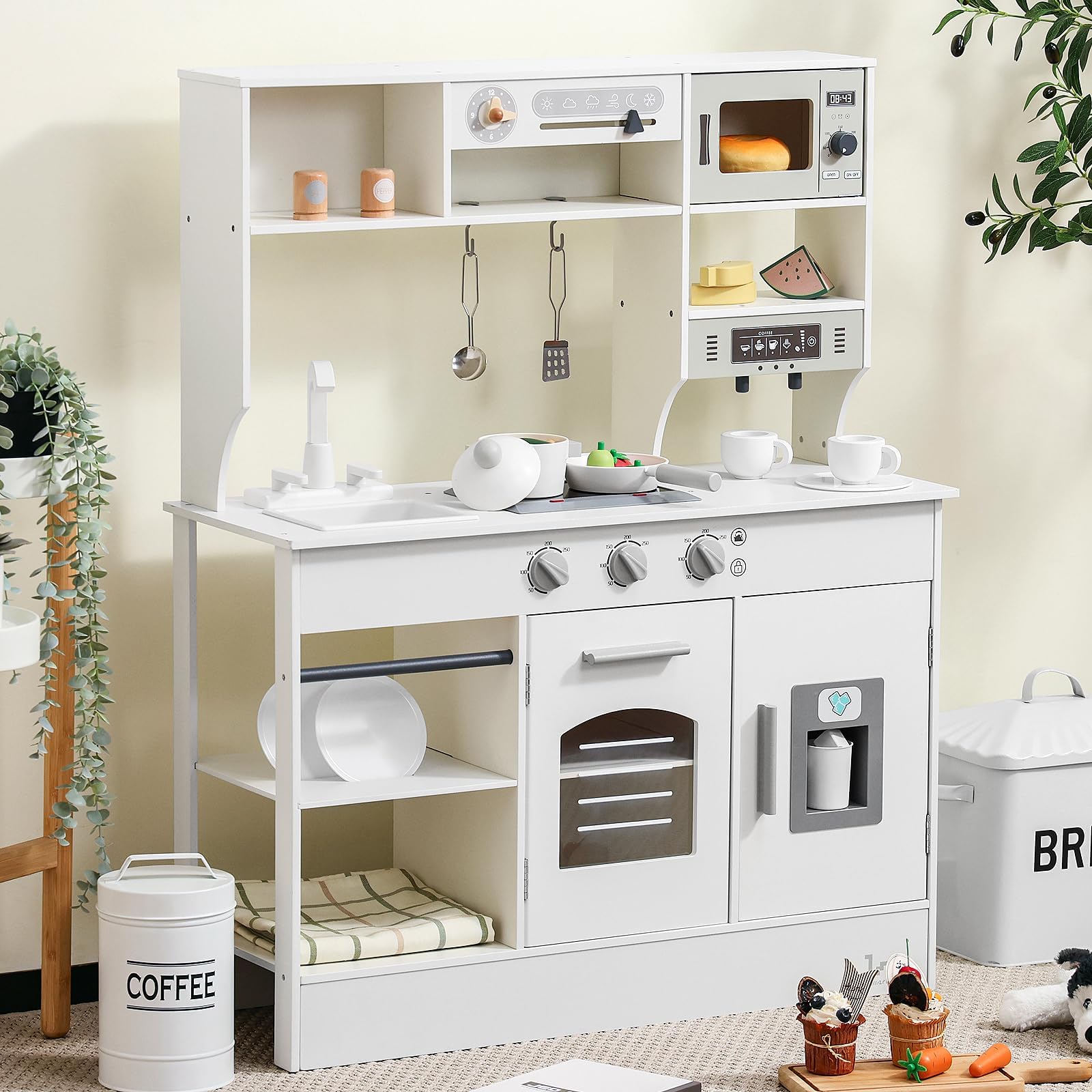 SainSmart Jr. Kinderküche Holz Spielküche für Kinder, Creme – mit Licht & Sound, Eiswürfelspender, Mikrowelle, Backofen & Spüle, große Kinder Küche mit Zubehör, Rollenspiel ab 3 Jahren