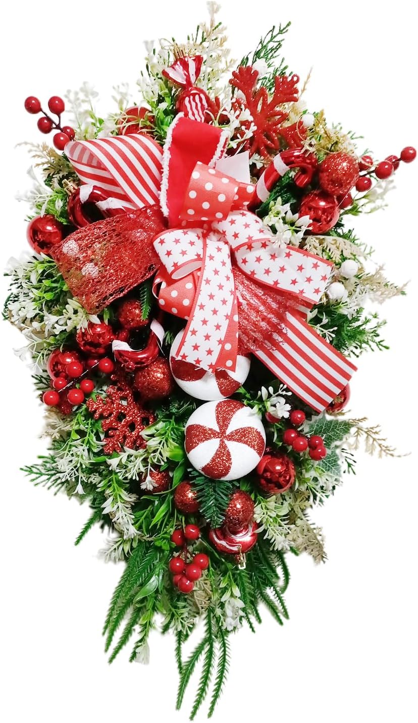 MINGZHE Christmas Swag, Artificial Teardrop Wreath Hanging Garland Front Door Decoration for Christmas Home Party Garden Holiday Decor(17.7inch)