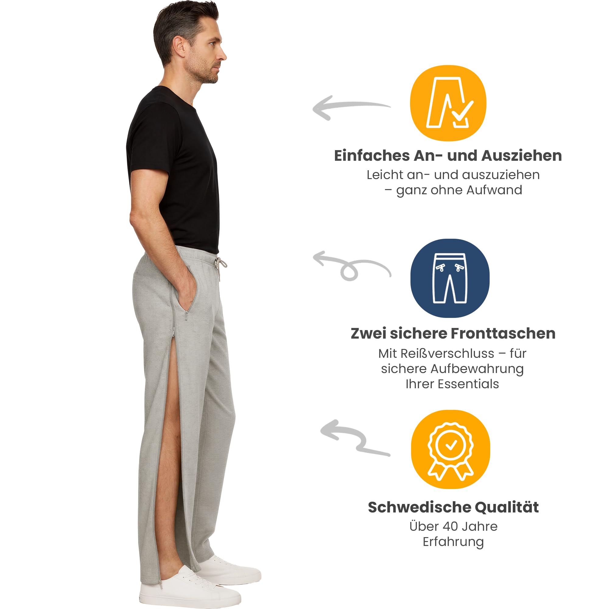 Dobsom Heden Reha Hose Damen & Herren Jogginghose mit durchgehendem Seitlichem Reißverschluss Rollstuhl Pflegehose Elastischer Bund XS–6XL