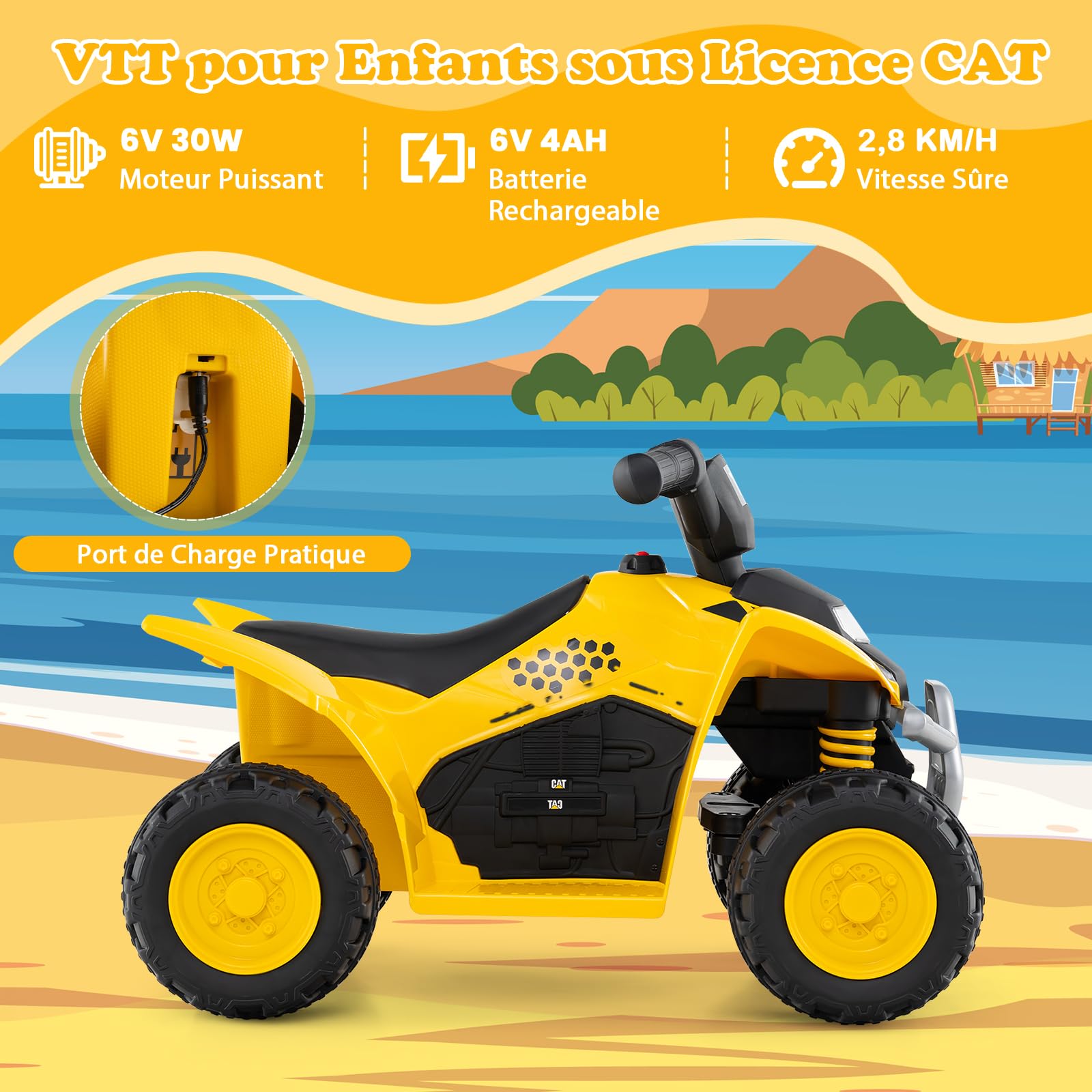DREAMADE Quad Électrique Caterpillar 6V Enfants,Voiture Électrique Enfants 18-36 Mois avec Pédale,4 Roues Antidérapantes,Phare LED,Klaxon,2,8 km/h,ATV pour Garçons Filles Charge 25KG (Jaune)