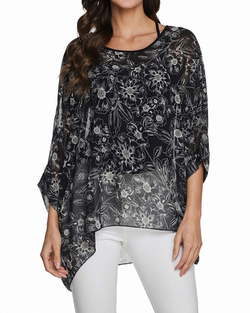 Rokou Women Chiffon Blouse Floral Batwing Sleeve Beach Cover Loose Tunic Shirt Tops, Mult-blf, L