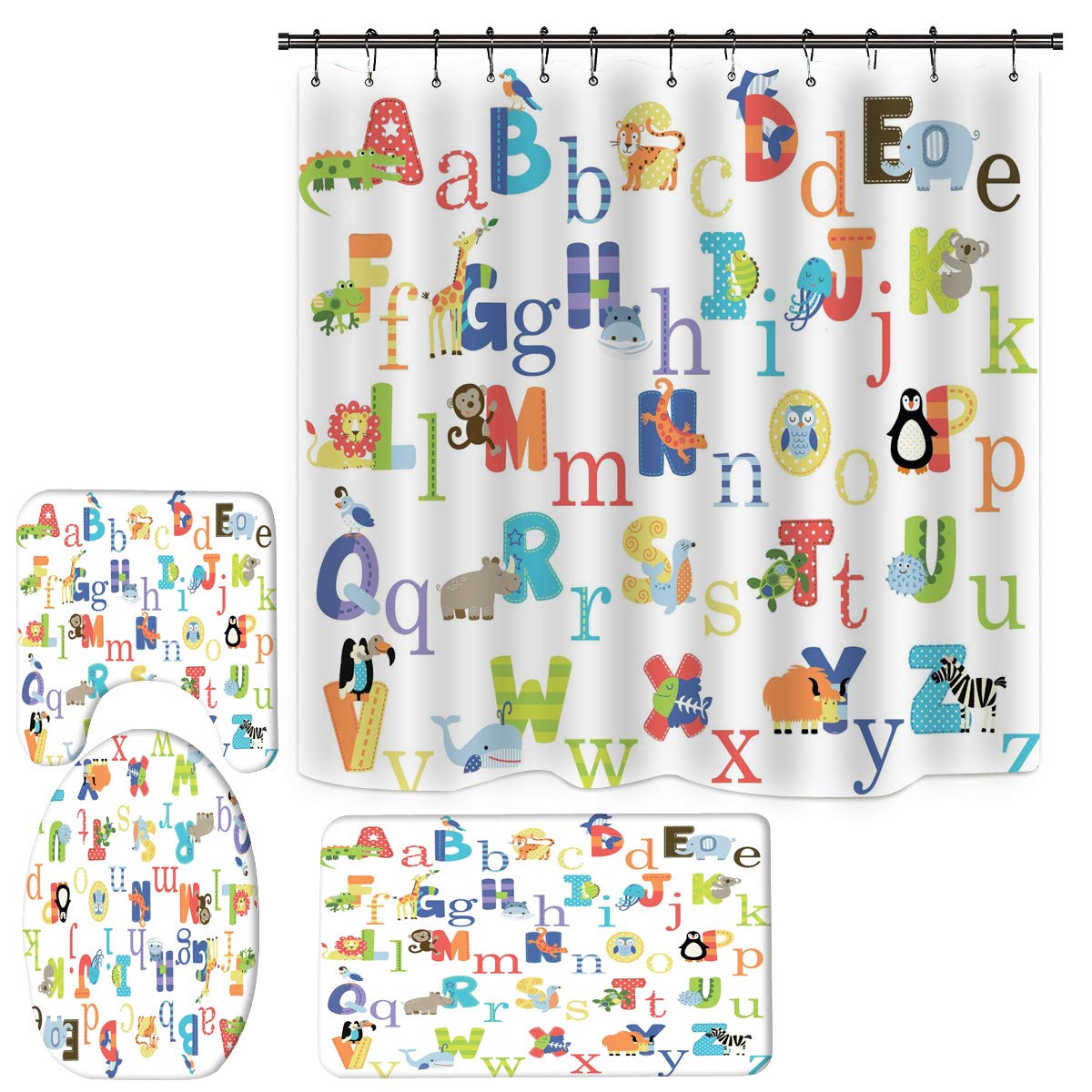 Alphabet Shower Curtain Set for Bathroom, ABC Educational Shower Curtain with Non-Slip Rugs and Bath Mats, Funny Animal Shower Curtain for Kids (H2)