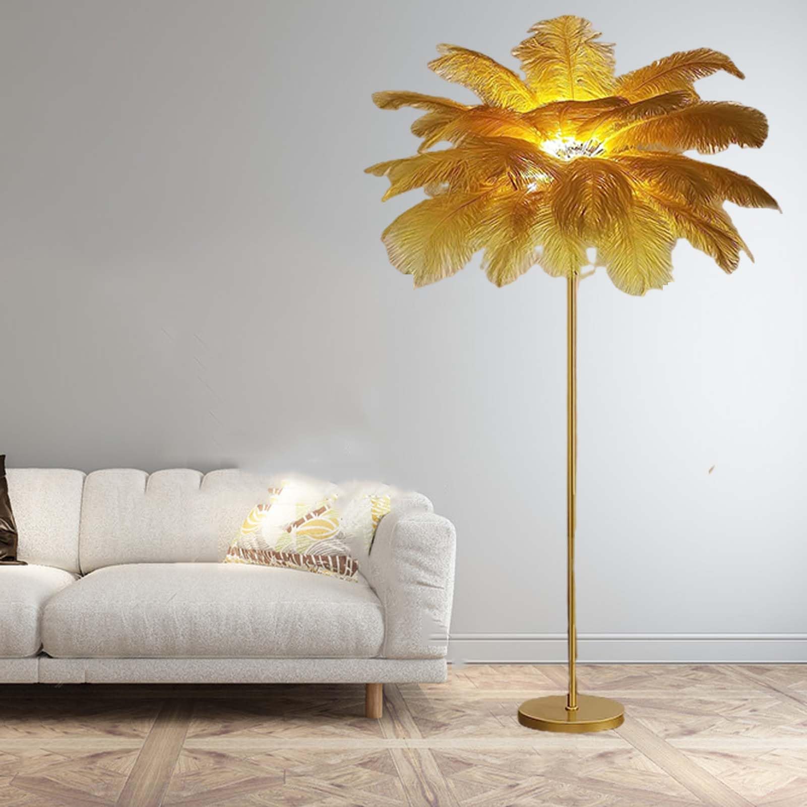 HotcoS Natural Ostrich Feather Lamp Floor,63" Feather Lamps Modern Bedroom Standing Lamp,Feather Floor Lamps Living Room Lighting for Girl Bedroom Decor (Yellow)