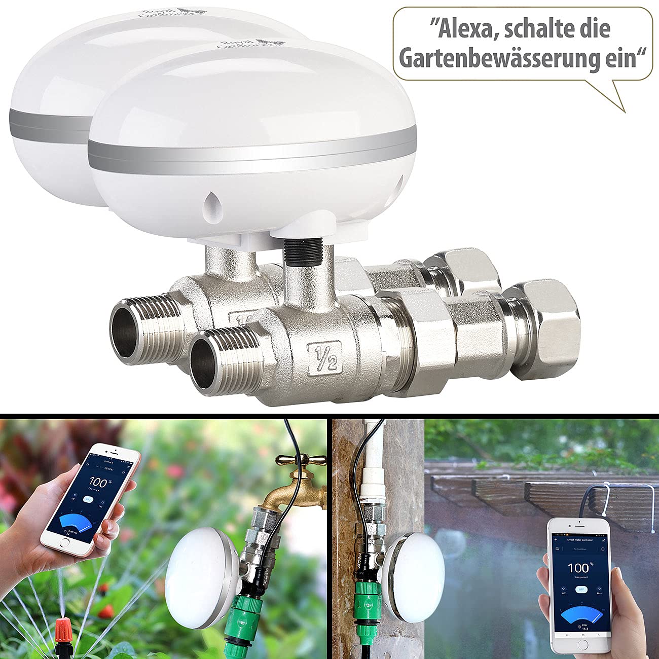Royal Gardineer Bewässerungs-Steuergerät: 2er Pack WLAN-Bewässerungscomputer mit App-Steuerung (Bewässerungscomputer mit Ventil, Drosselventil, Samsung)