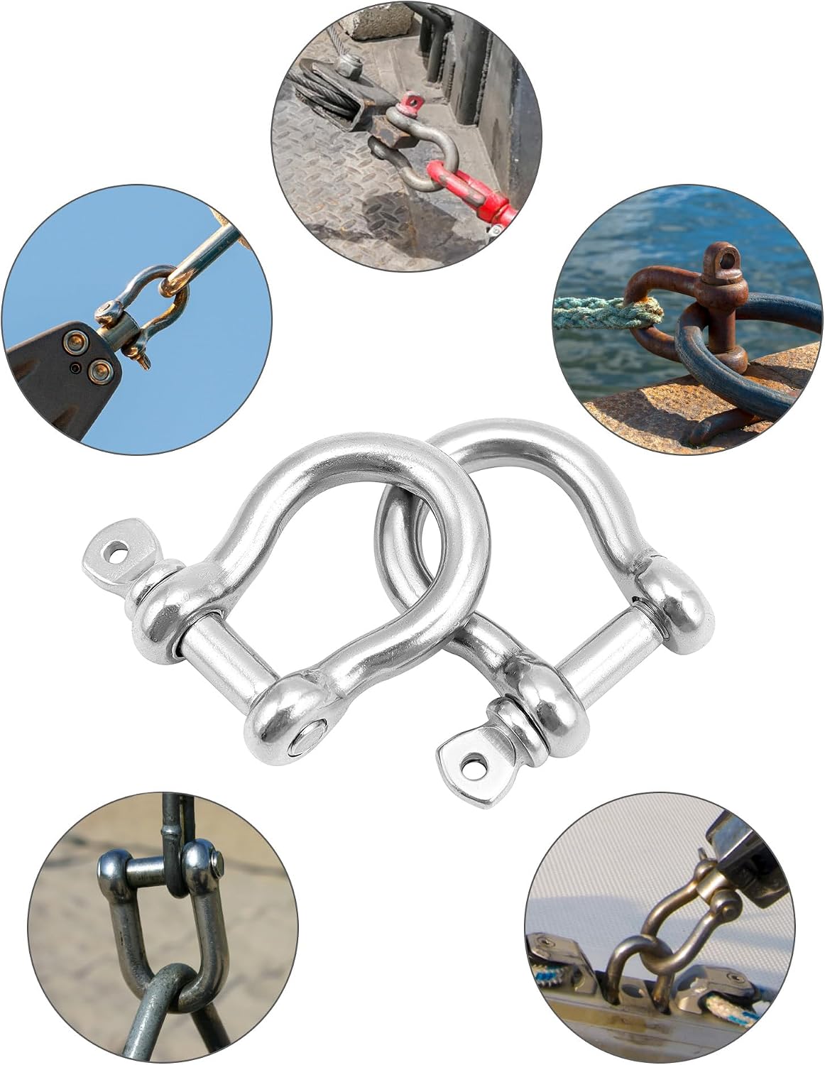 QWORK 1/4" D-Ring Shackles, 20 Pcs 304 Stainless Steel Bow Shackle, Safety Chain Shackle, Heavy Duty Anchor Shackle Chains Wirerope Lifting for Rigging, Towing, Anchor