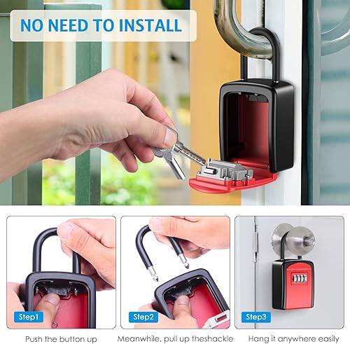 Miniatura 7 de AMIR Caja de seguridad para llaves montada en la pared, resistente a la intemperie, combinación de 4 dígitos, caja de bloqueo de almacenamiento de