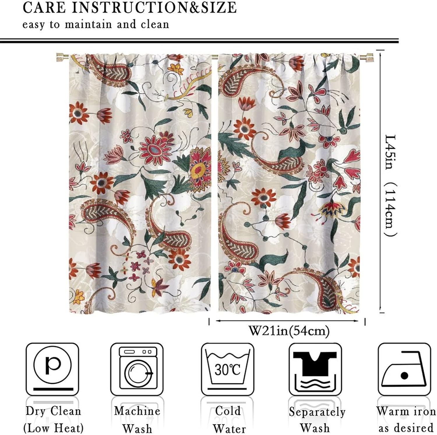 Paisley Print Pattern Blackout Curtains,Vintage Floral Bohemian Theme Home Fabric Living Room Bedroom Decor W42xL45in