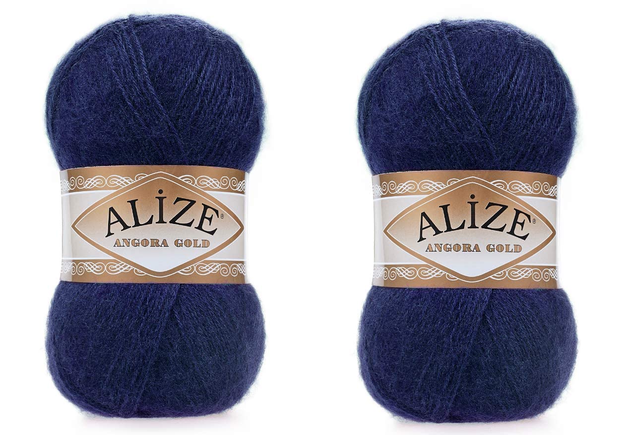 AlizeAngora Gold Yarn 20% Wool 80% Acrylic Soft Yarn Crochet Lot of 2skn 200gr 1204yds Lace Hand Knitting Turkish Yarn (58 Navy)