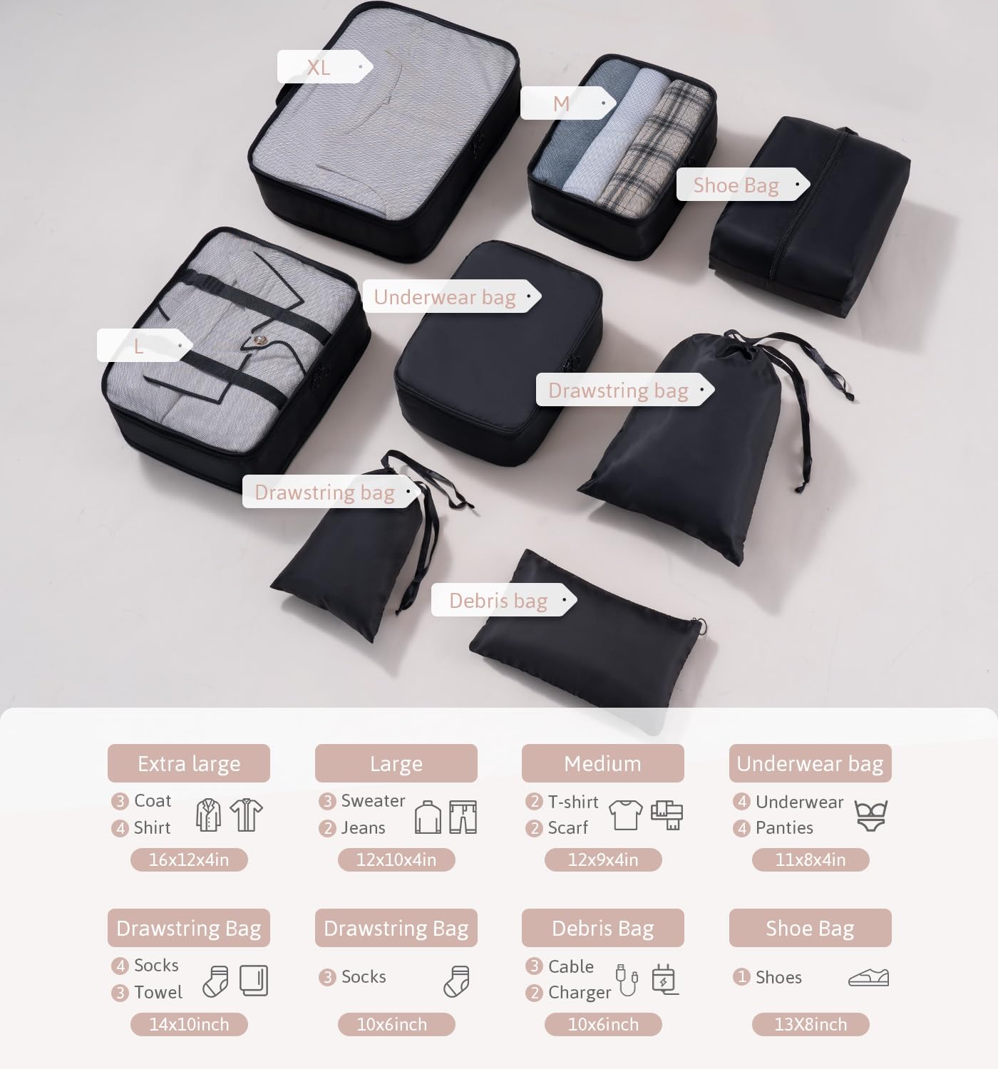 Meowoo Organizator Bagażu 8 w 1 Zestaw Organizator Walizek Bagażu Packing Cubes for Travel z Torbą na Buty, Czarny Organizer Podróży Jest Idealny do Przechowywania Akcesoriów Podczas Podróży