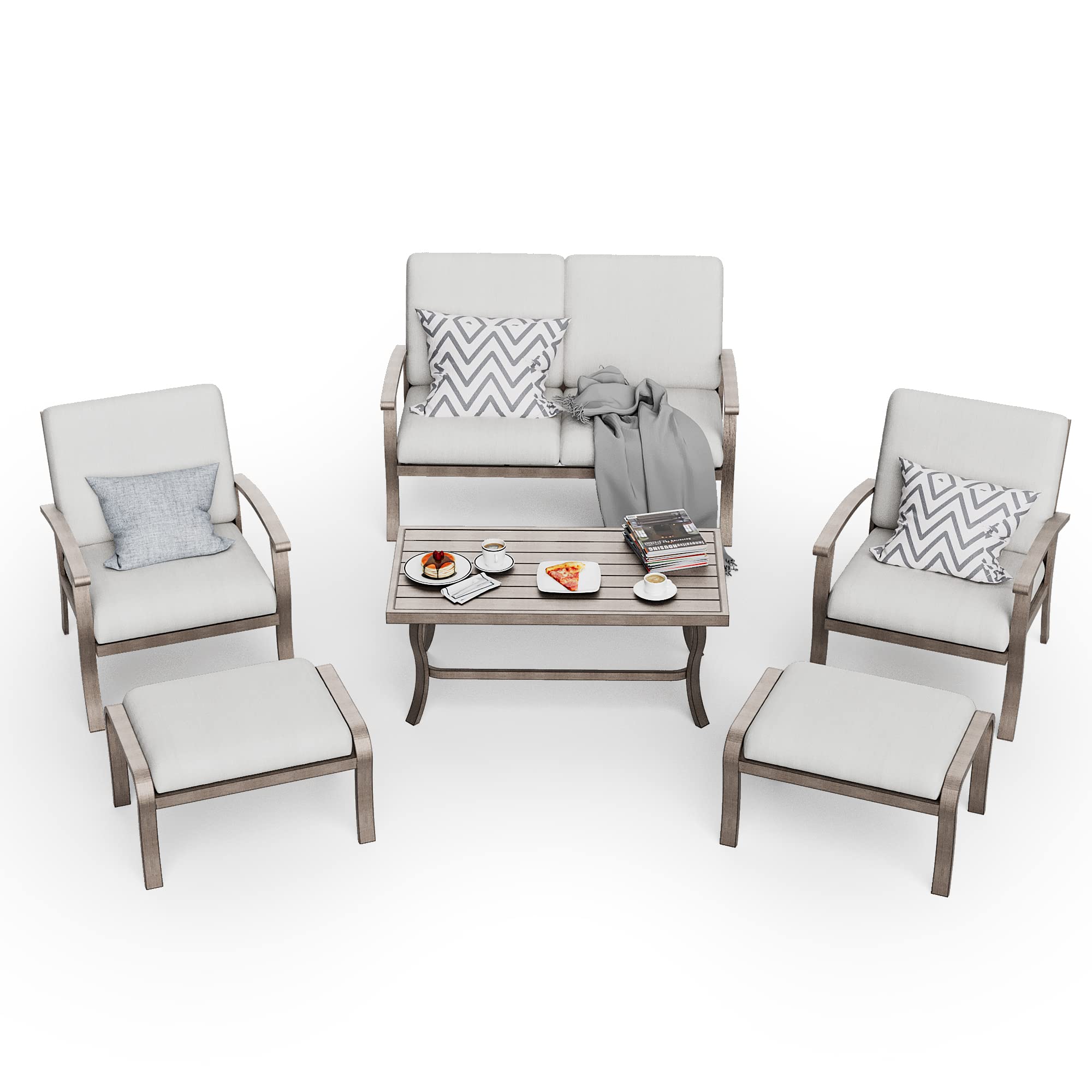 HAPPATIO 6 Piece Aluminum Patio Furniture Set, Outdoor Armchairs with Ottomans and Loveseat, Outdoor Sectional Sofa with Comfortable Cushions and