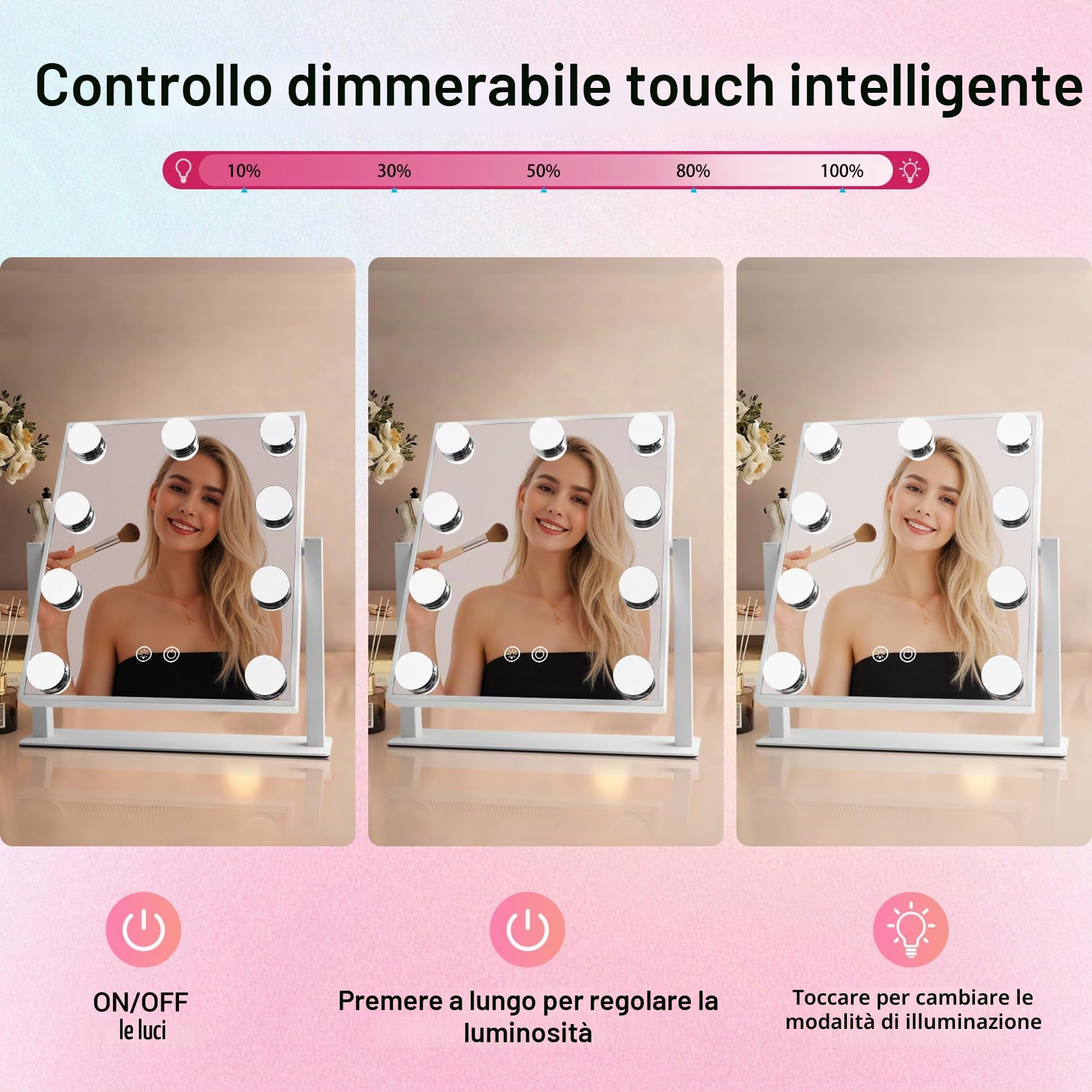 Specchio Trucco con Illuminazione Hollywood,Dimmerabile,3000K/6000K,per Tavolo da Trucco,300x250mm, Bianco