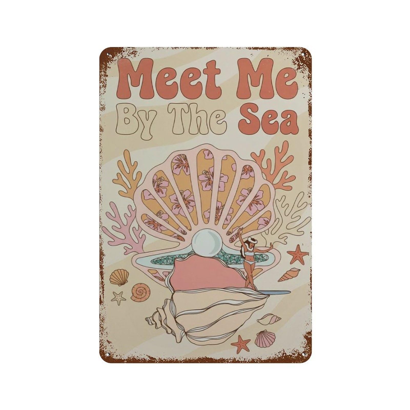 xiaoxiaoshen Meet Me By The Sea Retro Coastal With Surfer Girl And Coral Beach House Linocut Wall Decor Art Metal Tin Poster Modern Home Decor Art Home Bar Shop Decorations Vintage Sign 30x20cm