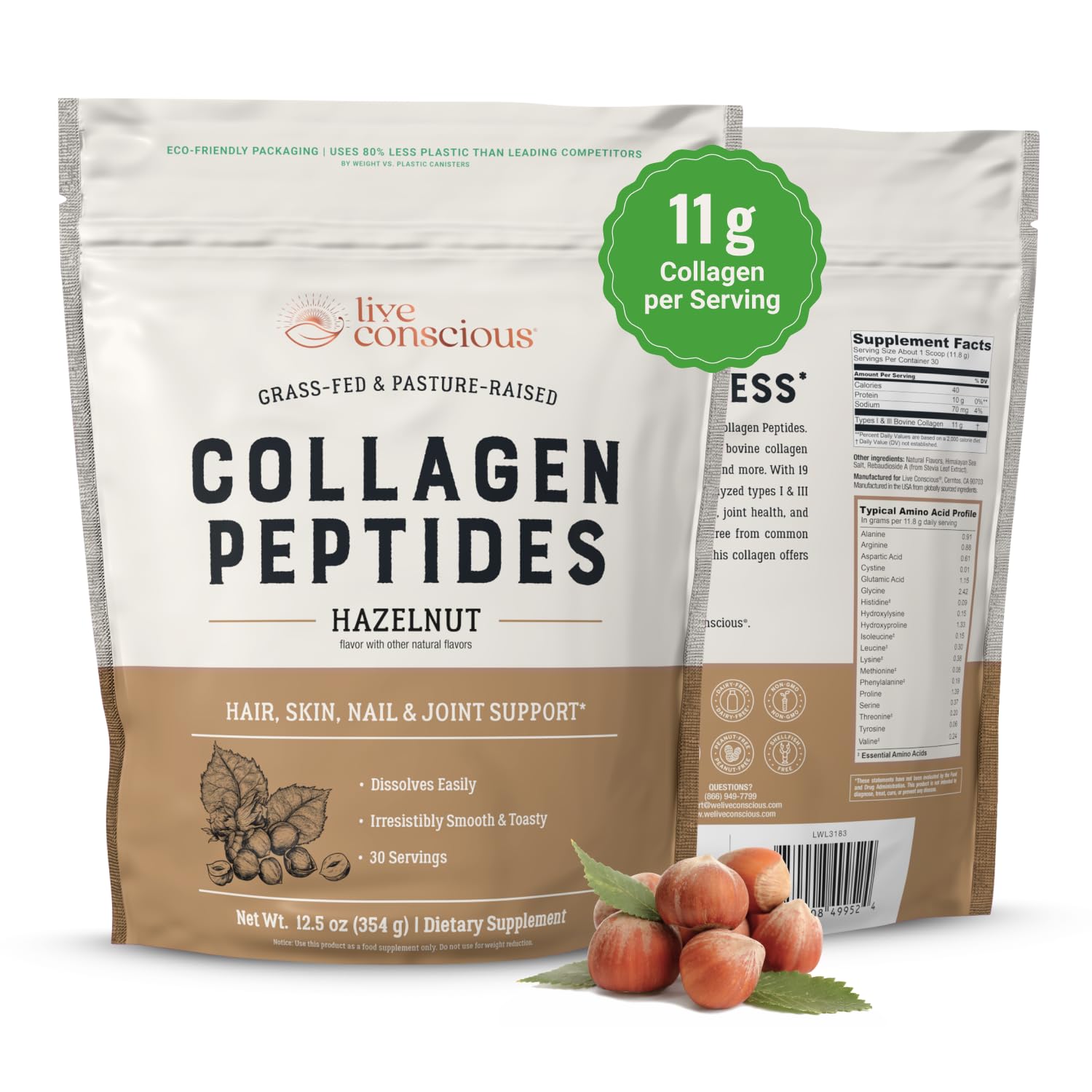 Live Conscious Collagen Peptides Powder Hazelnut Flavor 12.4oz | Hair, Skin, Nail, & Joint Support