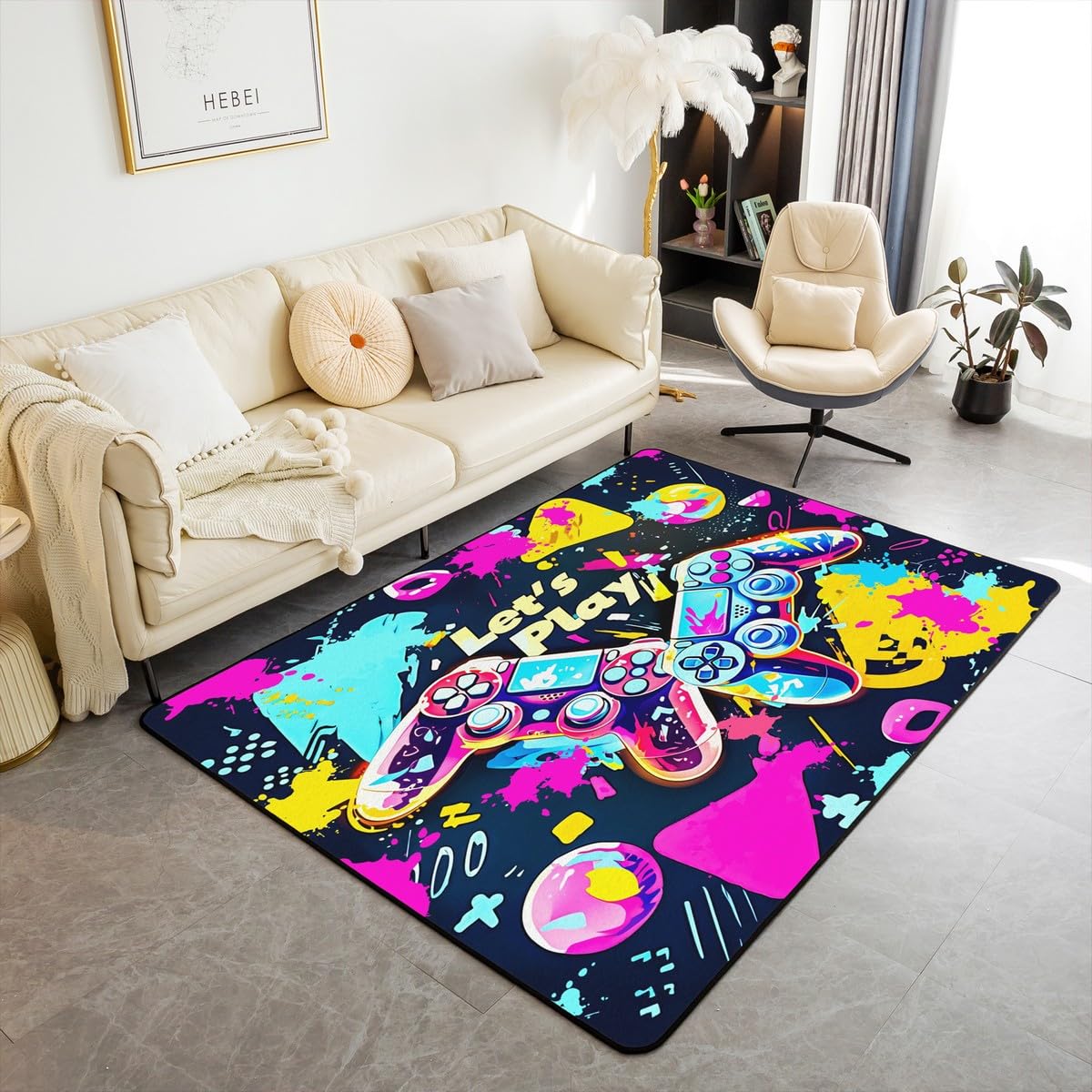 Loussiesd Dywan do salonu dla graczy, 150 x 200 cm, gamingowy dywan akcentujący dla chłopców, dziewcząt, nastolatków, nowoczesny kontroler konsoli do gier, wewnętrzna mata podłogowa, joystick,