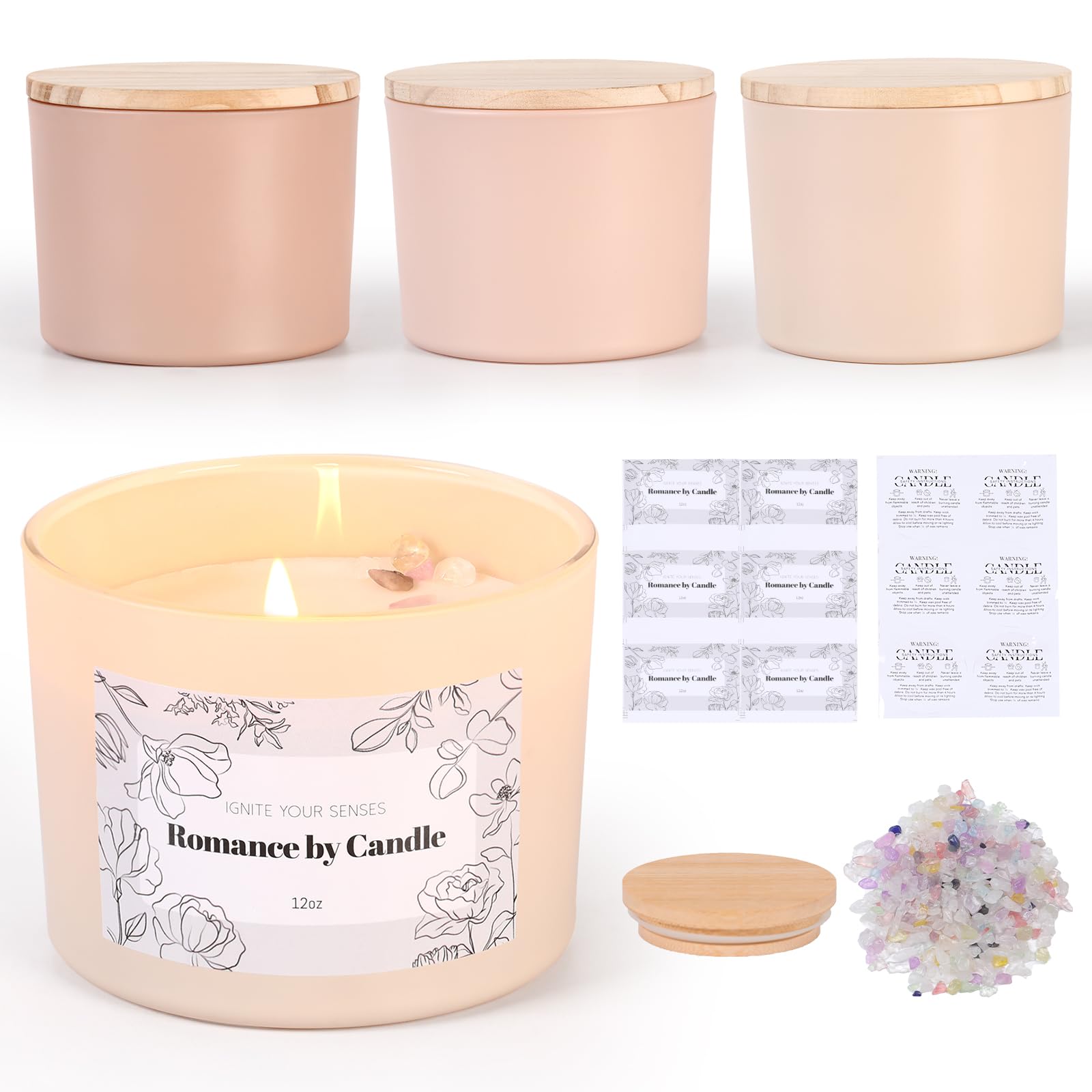 6 barattoli assortiti di cammello per realizzare candele, barattoli vuoti da 350 ml con coperchi in bambù, etichette e rocce di cristallo da 100 g, barattoli di vetro per la produzione di candele