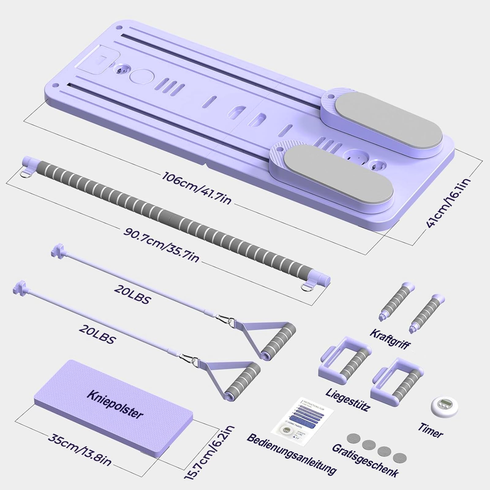 Pilates Board Für Zuhause(inkl. 5er-Set Widerstandsbänder) Faltbares Multifunktionales Reformer Board, Extra Stabile Konstruktion Mit Automatischem Rückprall, für Kern- und Bauchmuskeltraining