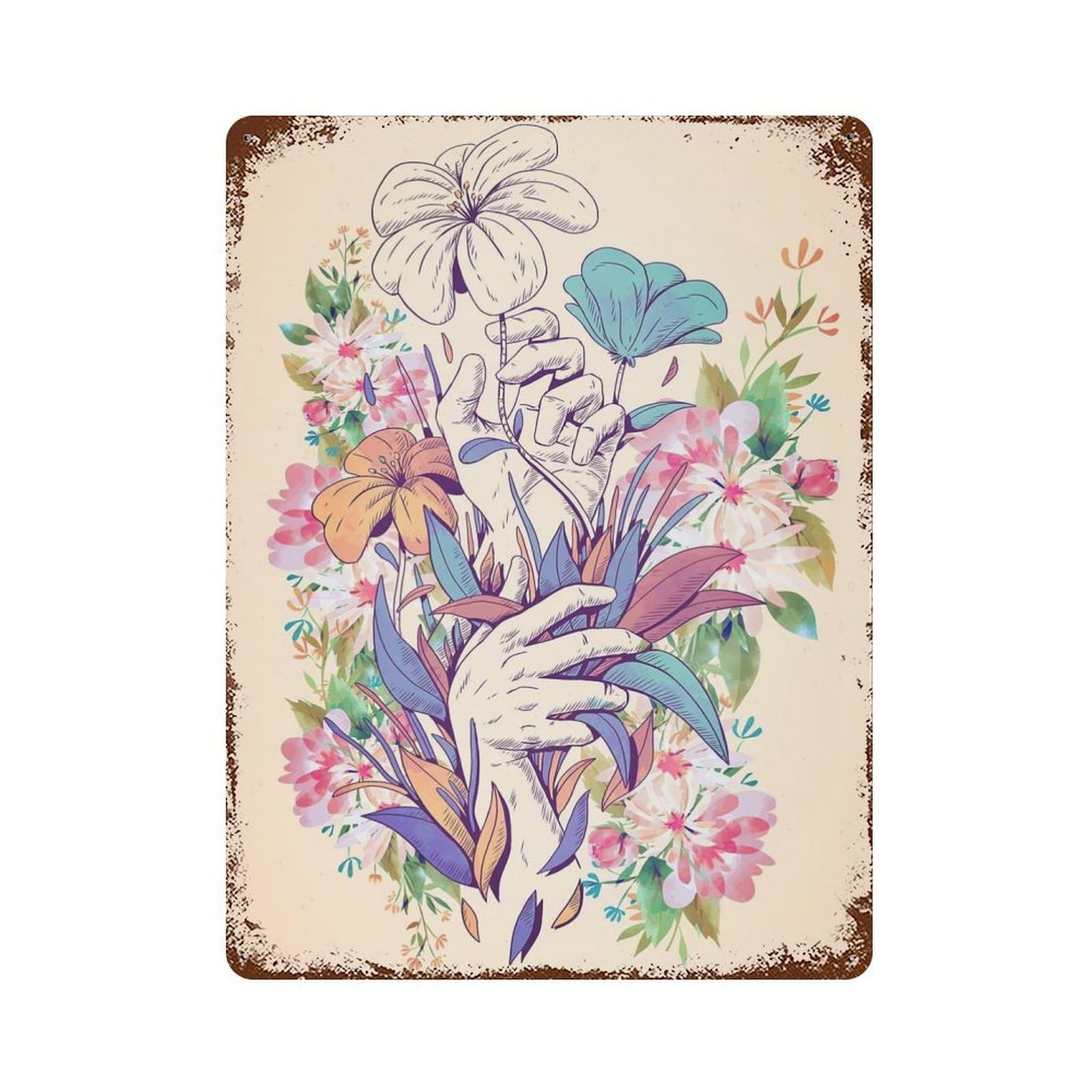 Rust Effect Colorful Flower Bouquet Retro Metal Sign 15.7"x11.8", Novelty Wall Decor for Bistro, Counter And Cafe Decor