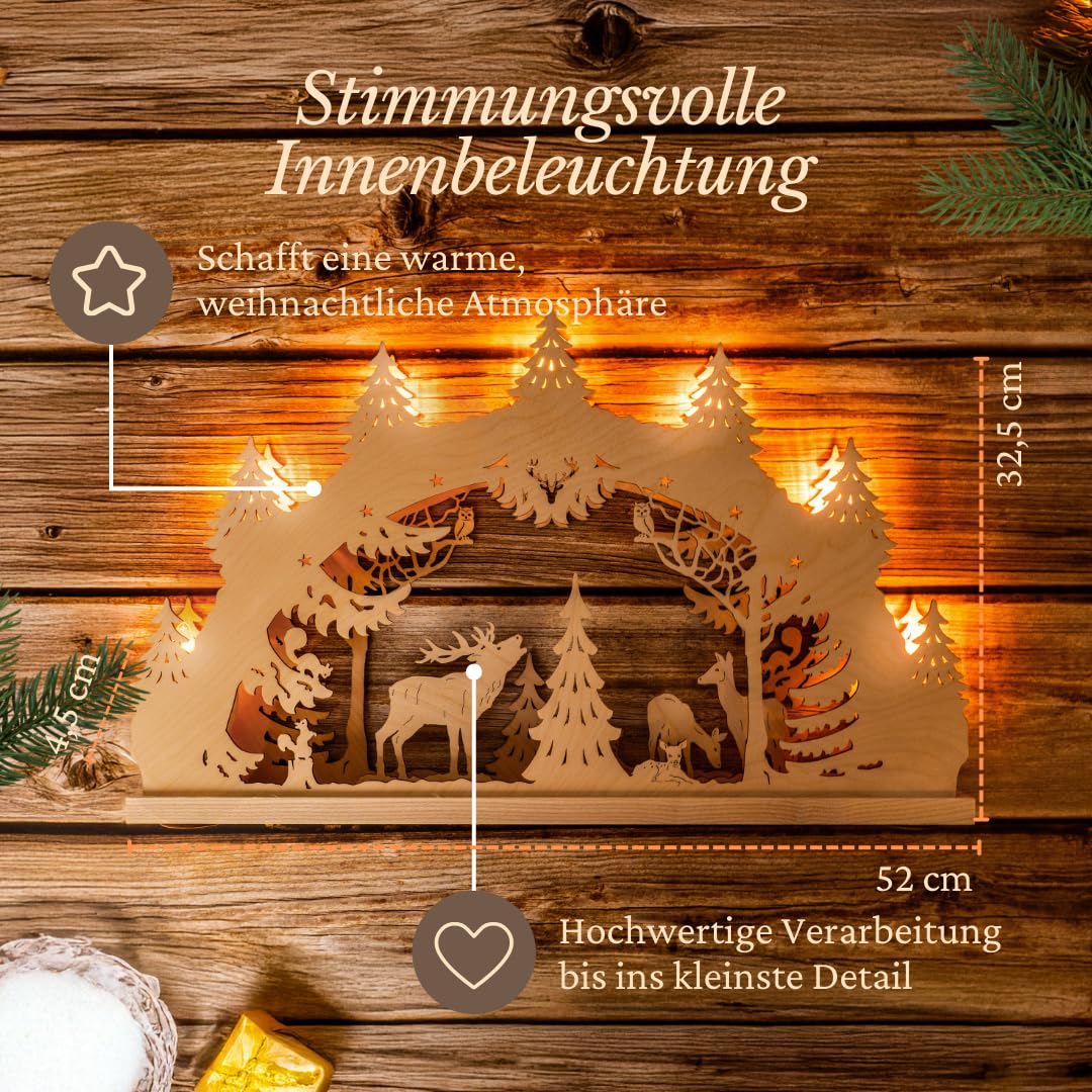 WEIGLA - Schwibbogen original Erzgebirge I Lichterbogen Weihnachten I Motiv Hirschfamilie I 7 Lampenkerzen + 1 Ersatzlampe I 7 x 34 V, 3 W, E10 I beleuchtete Weihnachtsdeko innen