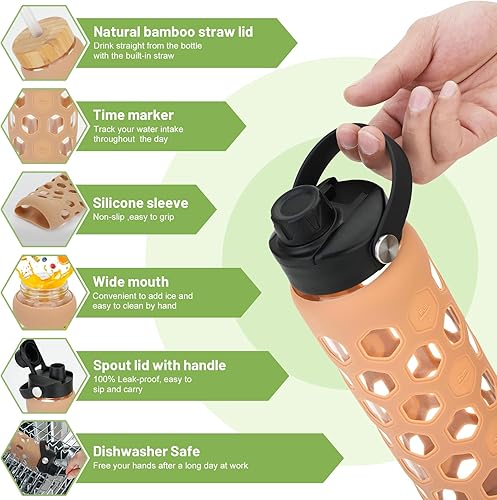 Miniatura 2 de Botellas de agua de vidrio de 32 onzas con 2 tapas, tapa de popote de bambú y tapa de boquilla, vaso de agua motivacional con funda de silicona con