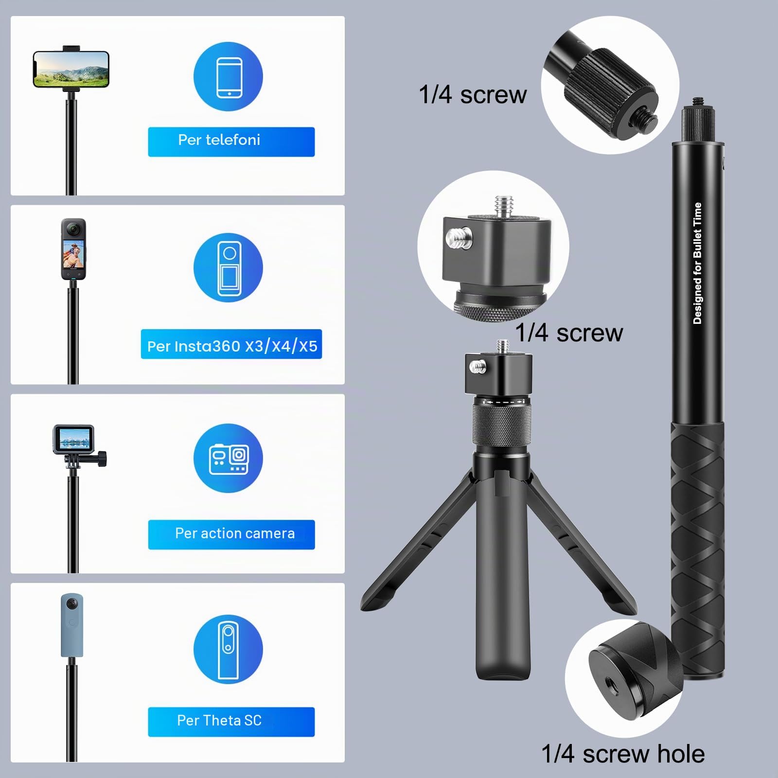 PULUZ Bullet Time Treppiede con Manico e Selfie Stick Invisibile, Impugnatura Girevole a 360°, Estensibile da 116 cm, Filettatura da 1/4", Treppiede Compatto da Tavolo per Insta360 X5/X4, DJI Osmo