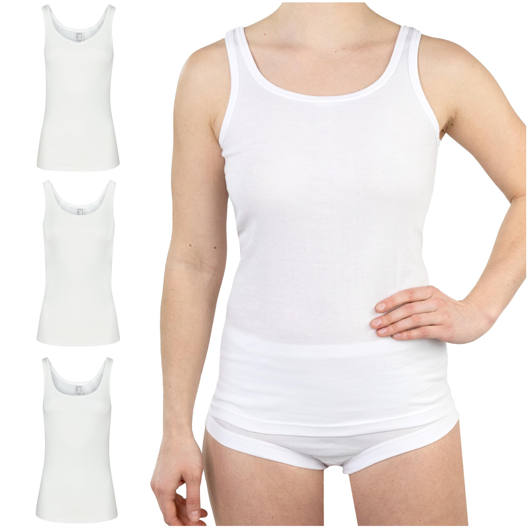 SES Maillot de Corps Femme 34-52 Lot de 3 100% Coton/Maillot de Corps Femme en Maille Fine Douce/Maillot en Coton Basique ou sous Pull Femme sans Manches