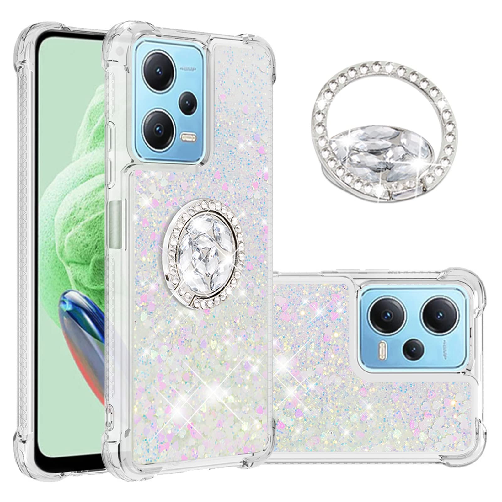 YsnzaqLiquid Case for Xiaomi Redmi Note 12 5G 6.67" (Not 4G), Soft Silicone TPU Glitter Cover Bling Sparkle Quicksand Flowing Shockproof with Kickstand Case for Xiaomi Redmi Note 12 5G.YBZ White