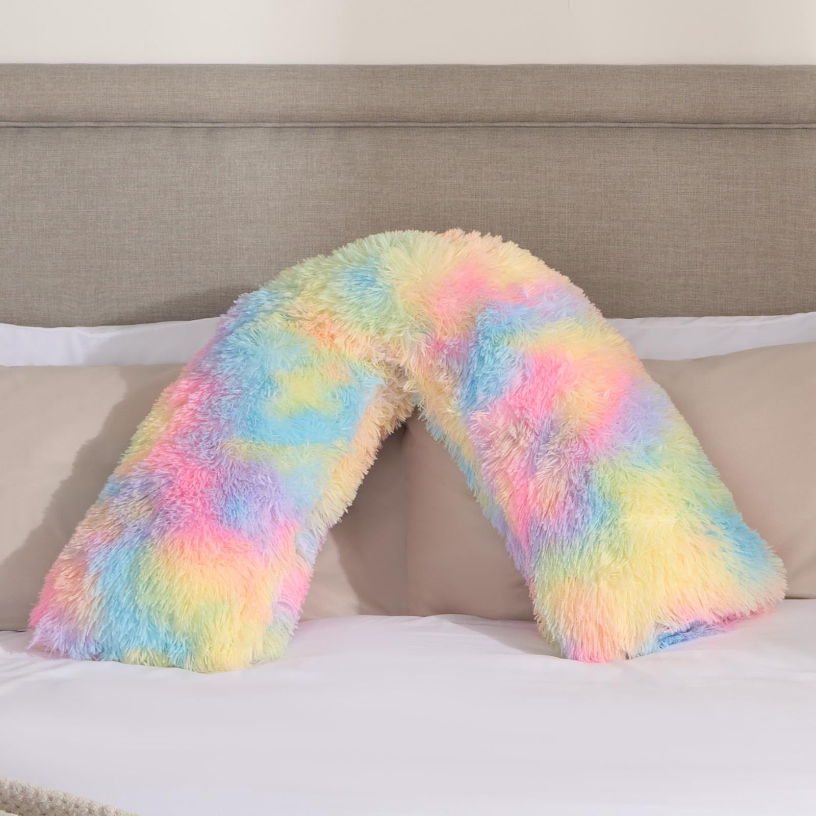 OHS V Pillows for Adults, Fluffy V Cushion Long Hair Pillow for Sleeping Relaxing Ultra Soft Warm Comfy Snuggle V Neck Support Pillow, Tie-Dye 68 x 45 x 18cm