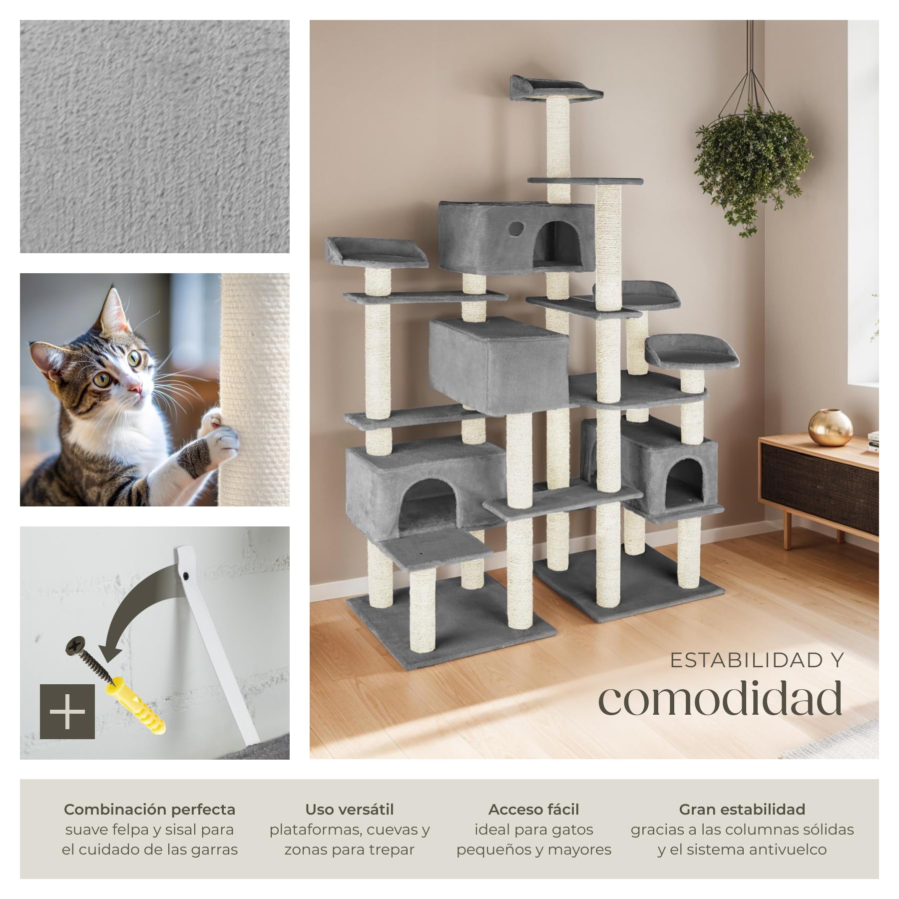 tectake® Arbol Rascador para Gatos, Torre Multinivel con 4 Plataformas, 4 Casitas, 2 Placas de Suelo, Columnas de Sisal, Rascador Gato, Protección Antivuelco, Juguetes para Gatos - Gris