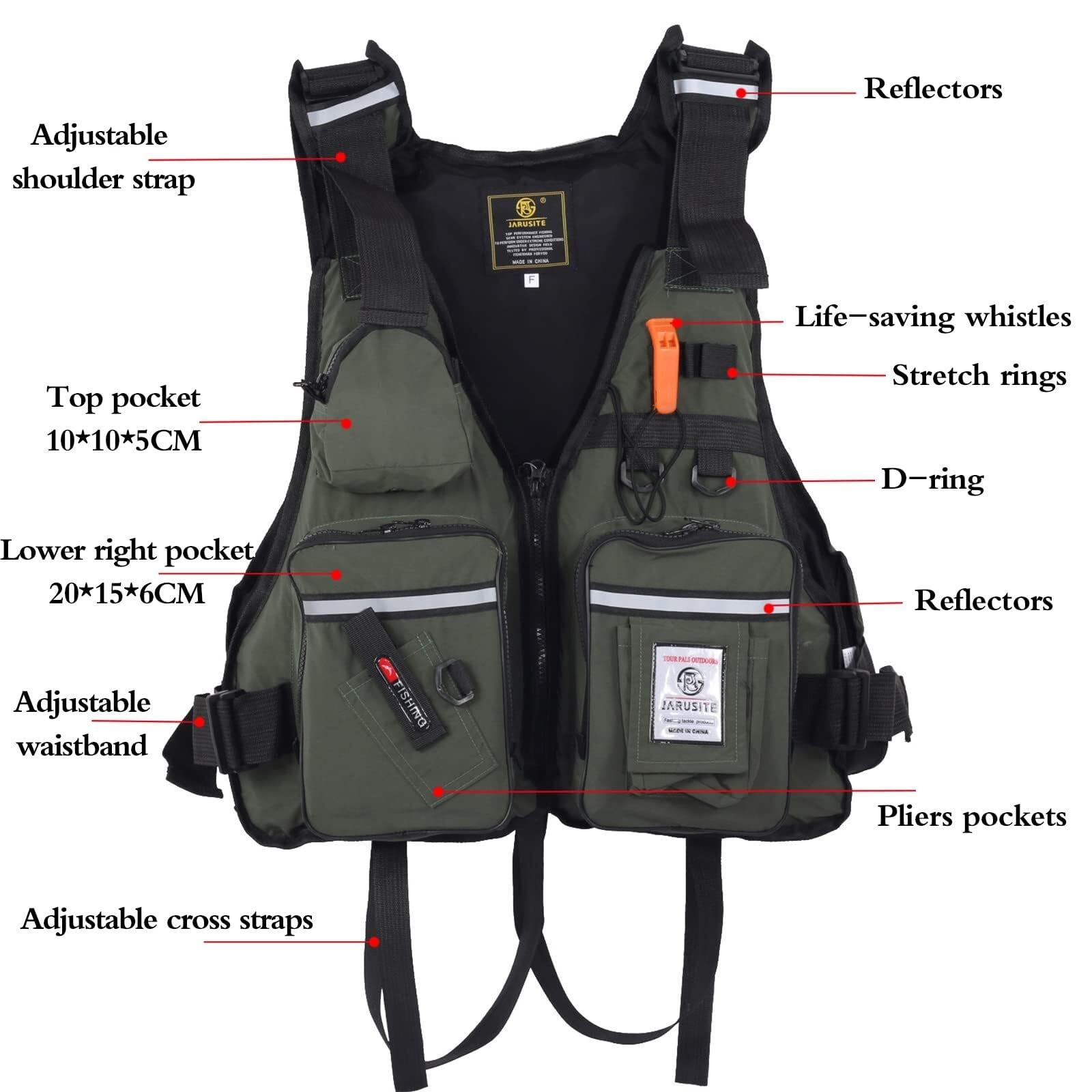 Kayka-Jacke mit Taschen for Kajak-Angeln und Paddeln | Kayka-Jacke mit EPE-Schaum, Reflektierenden Streifen und Pfeife for Kajak, Angel und Paddelsportarten.