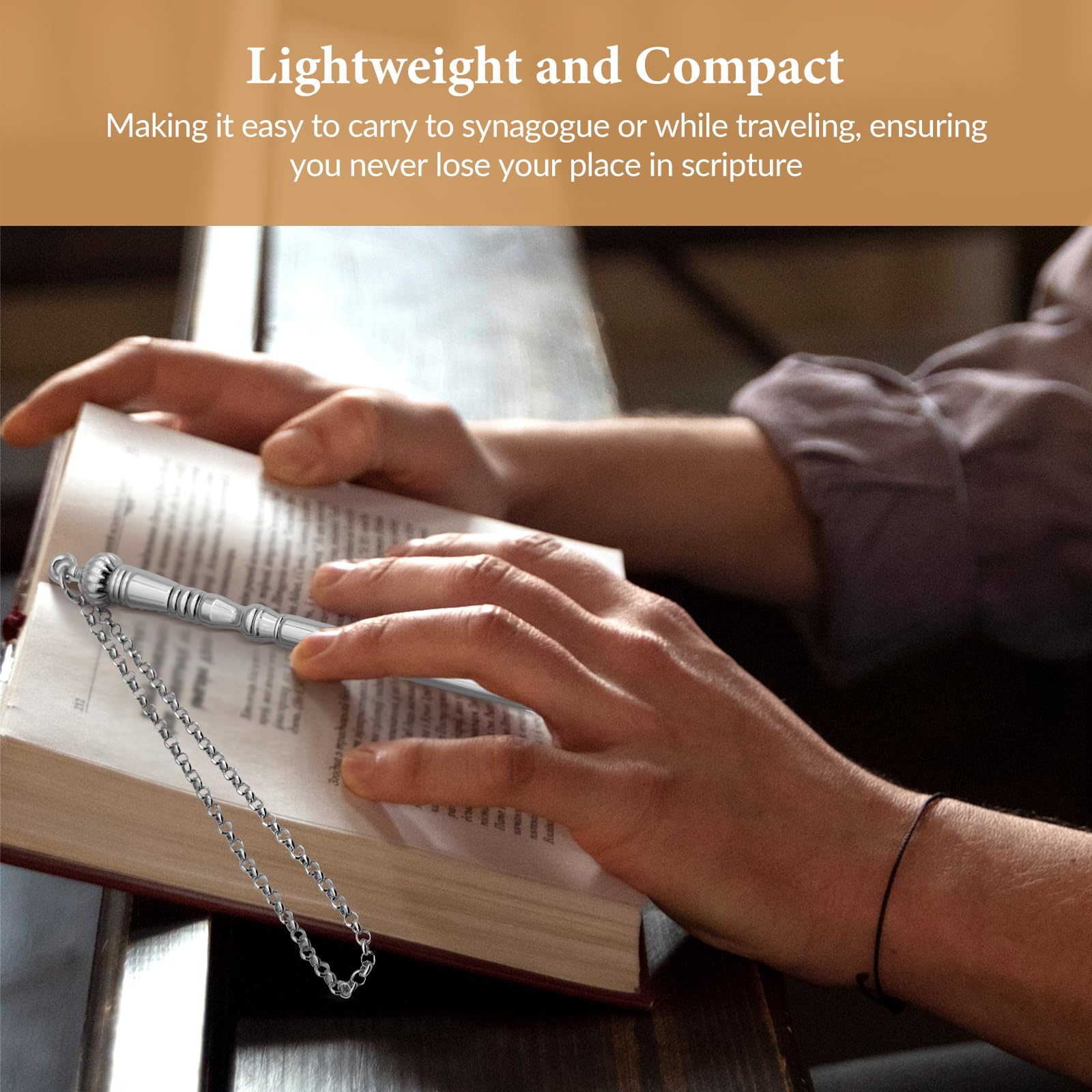 Bothyi Yad Torah Pointer, Bible Pointer, Home Decor Zinc Alloy Bible Reading Tool, Hand Pointer and Connected Chain for Adults Jewish Bar Mitzvah Fireplace, Silver Onion Top